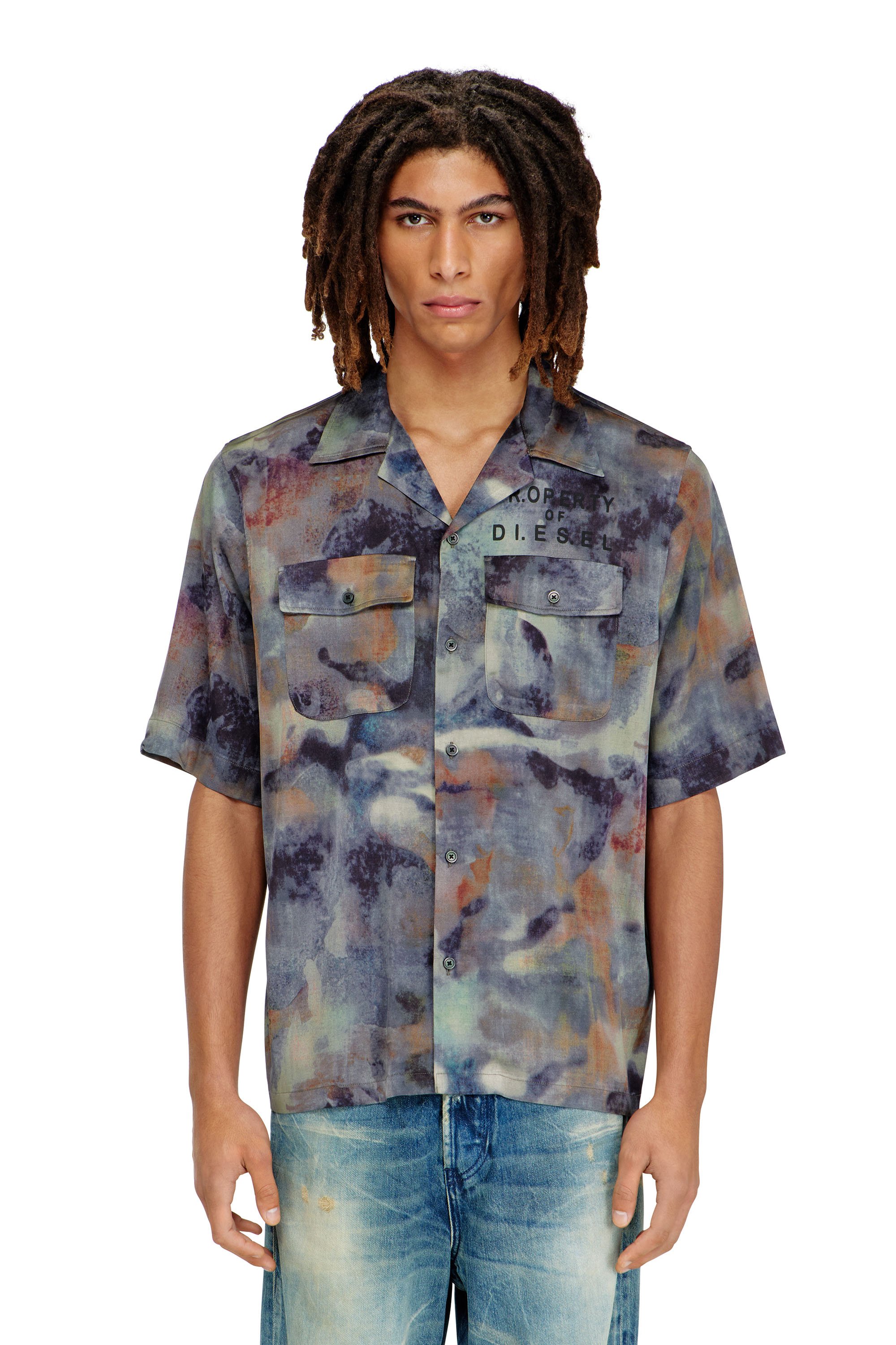 Diesel - S-BRACK-DMBN, Male's Satin shirt with all-over camo print in ブルー/ブラウン - 1