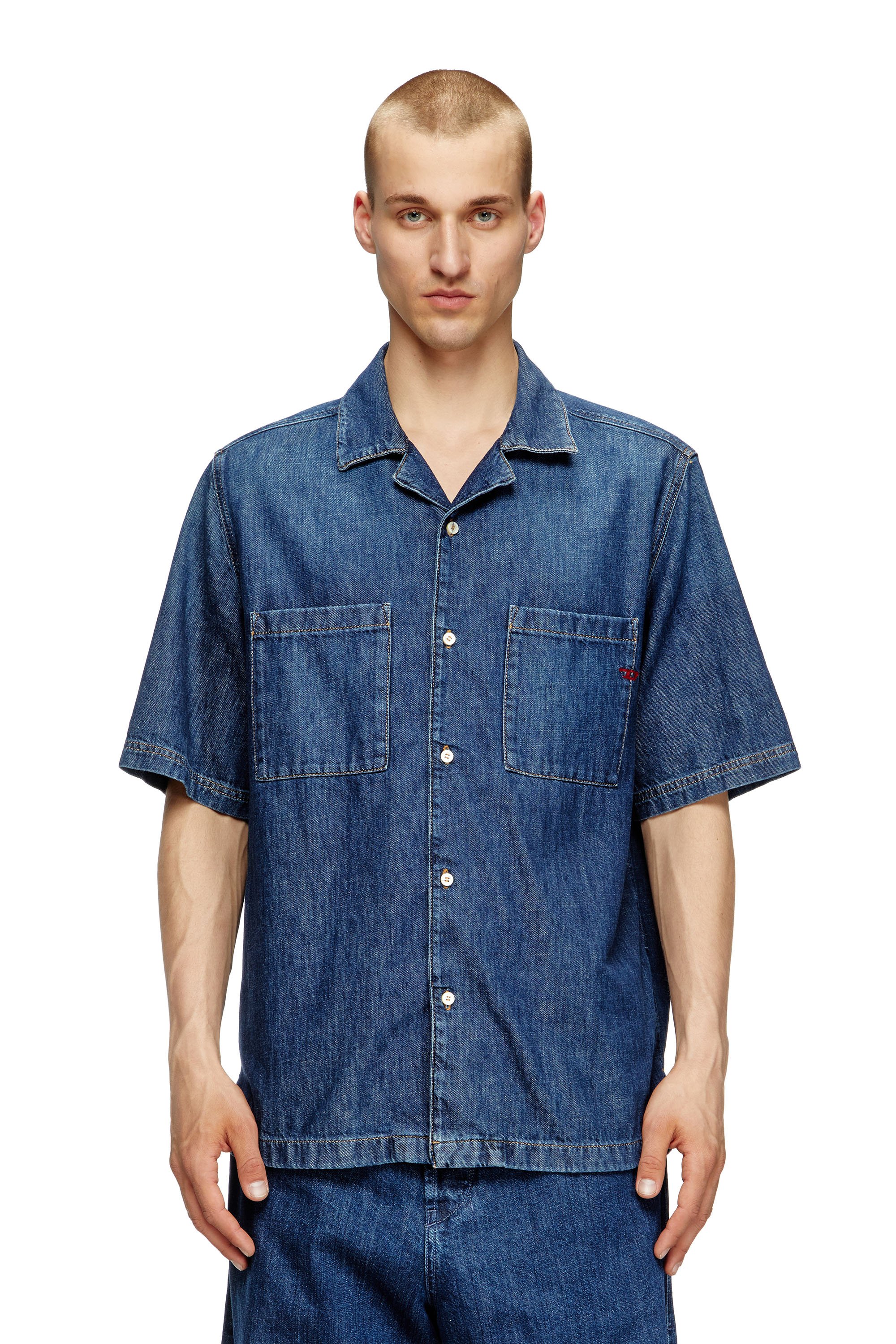Diesel - D-PAROSHORT, Male's Bowling shirt in denim in ダークブルー - 3