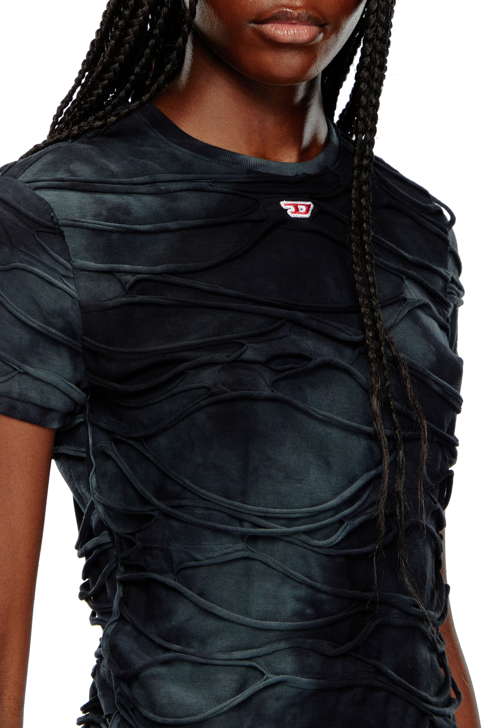 Diesel - T-UNCUTIE-LONG-P1, Female's T-shirt with floating strands in ブラック - 5