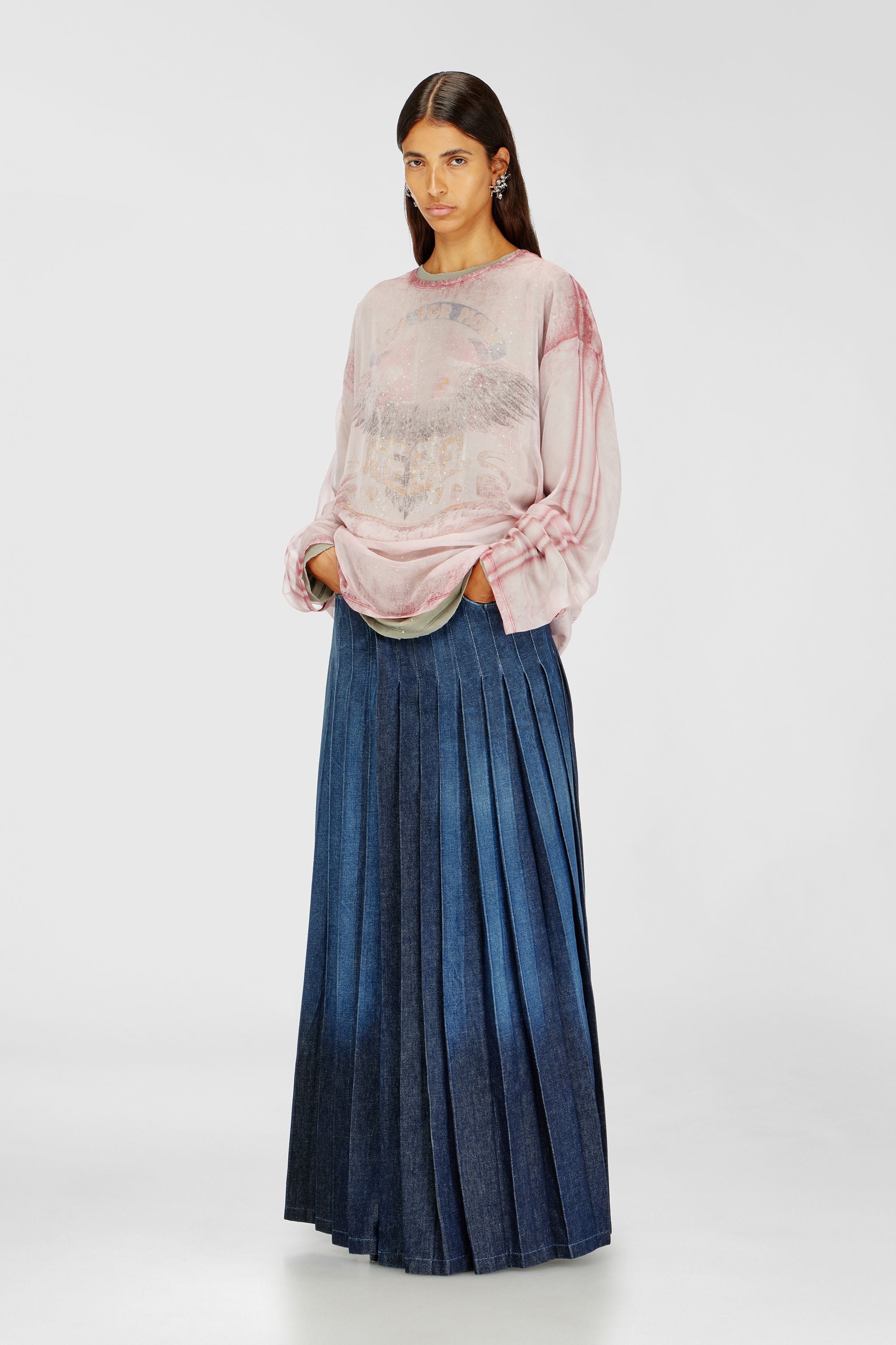 Diesel - D-QUILTY-FSJ1, Unisex's Long wrap skirt in pleated denim in ダークブルー - 1