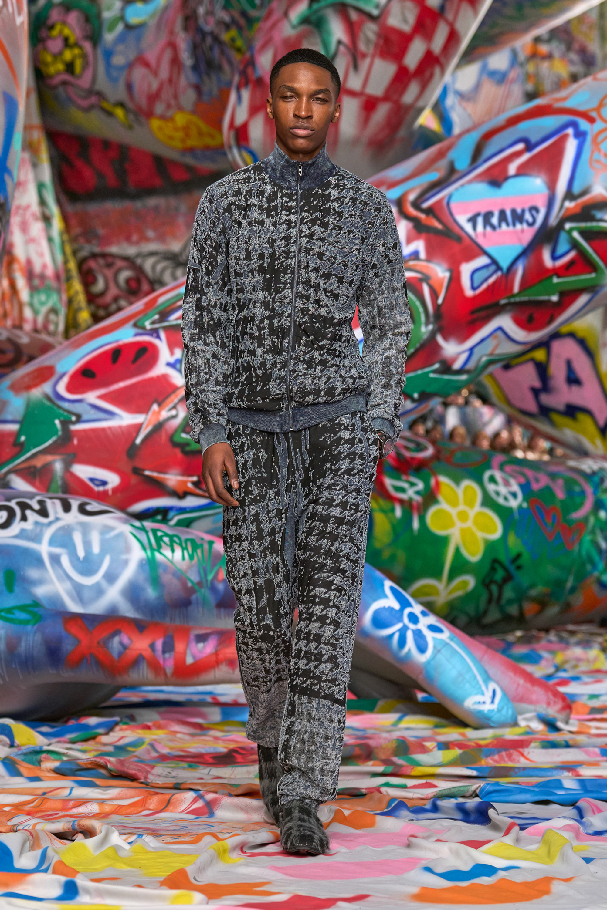 Diesel - S-CORR, Male's Devoré houndstooth zip-up top in ブラック/ブルー - 6