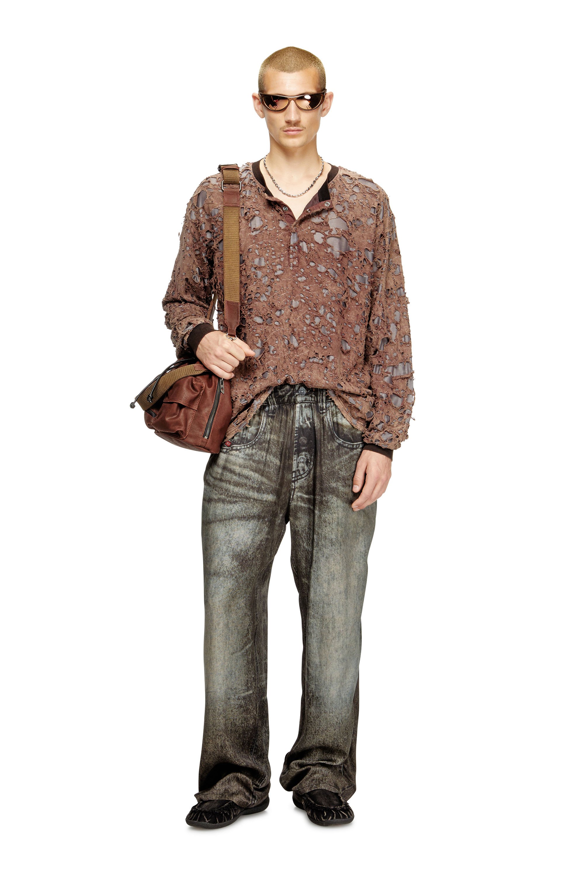 Diesel - T-OVERT, Male's Long-sleeve T-shirt in destroyed jersey in ブラウン - 2