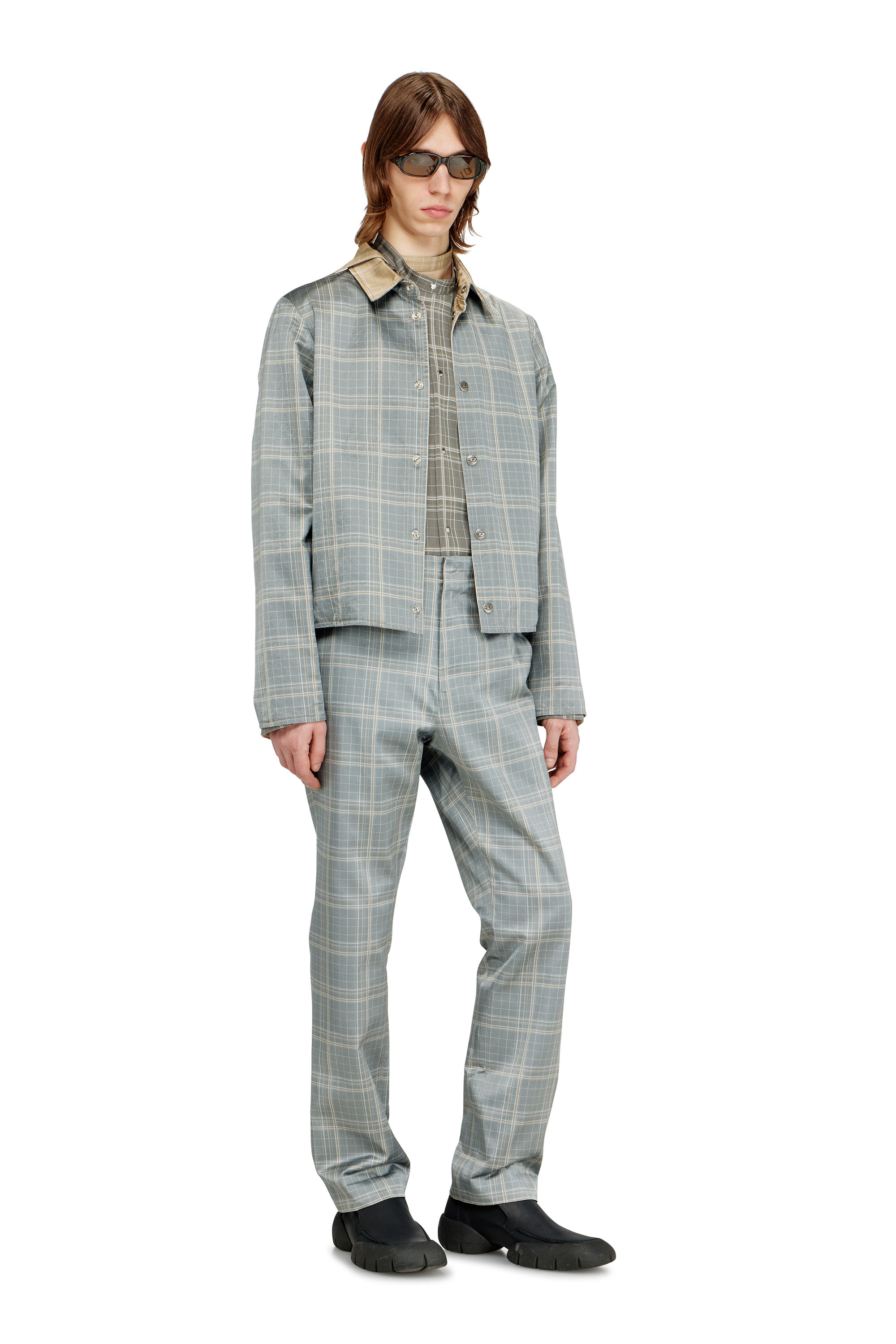 Diesel - S-WROB, Male's Check-satin shirt with biker details in グレー - 1