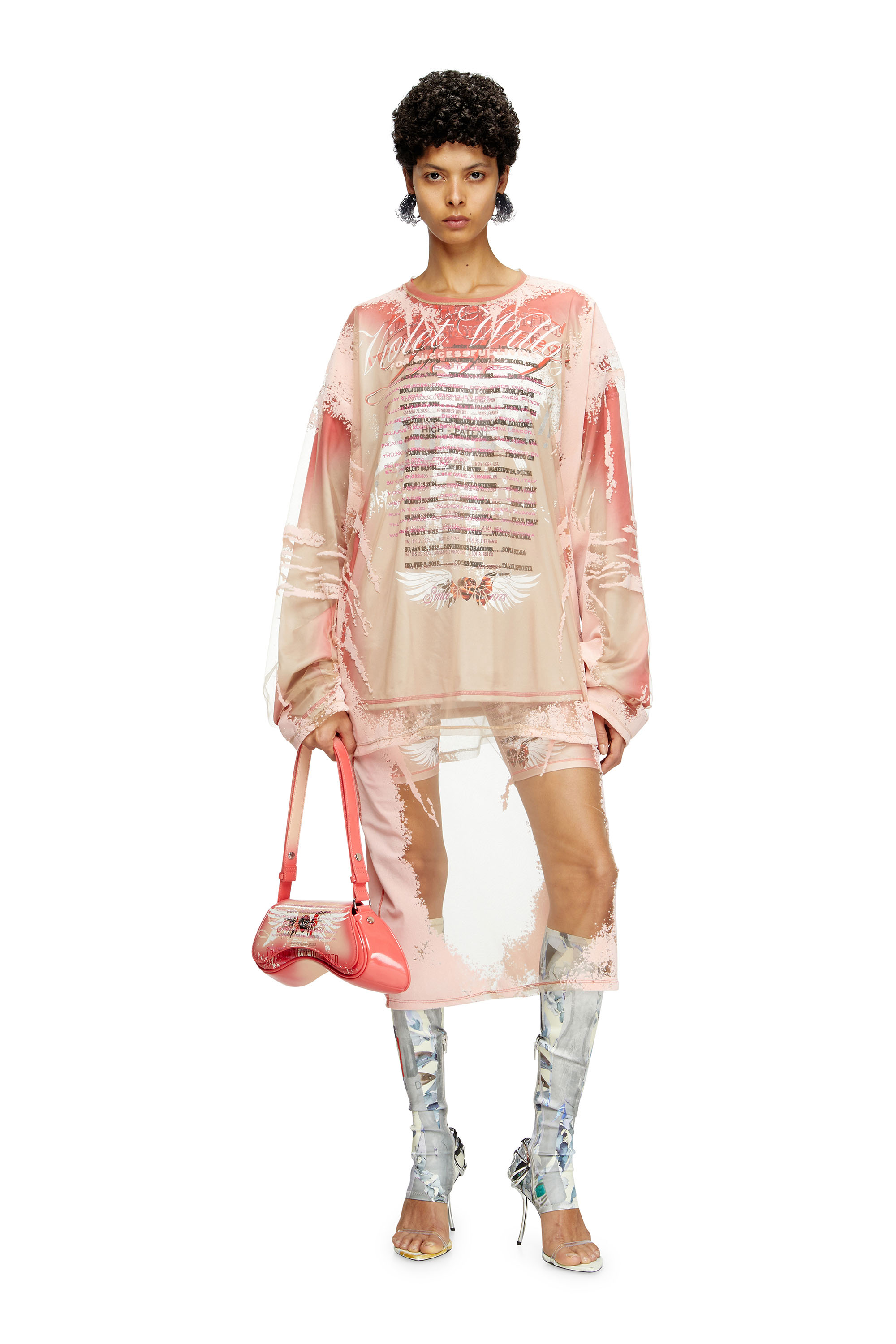 Diesel - T-OLAVI-BB, Unisex's Long-sleeve tech-jersey T-shirt with lyrics print in ピンク / ホワイト - 6