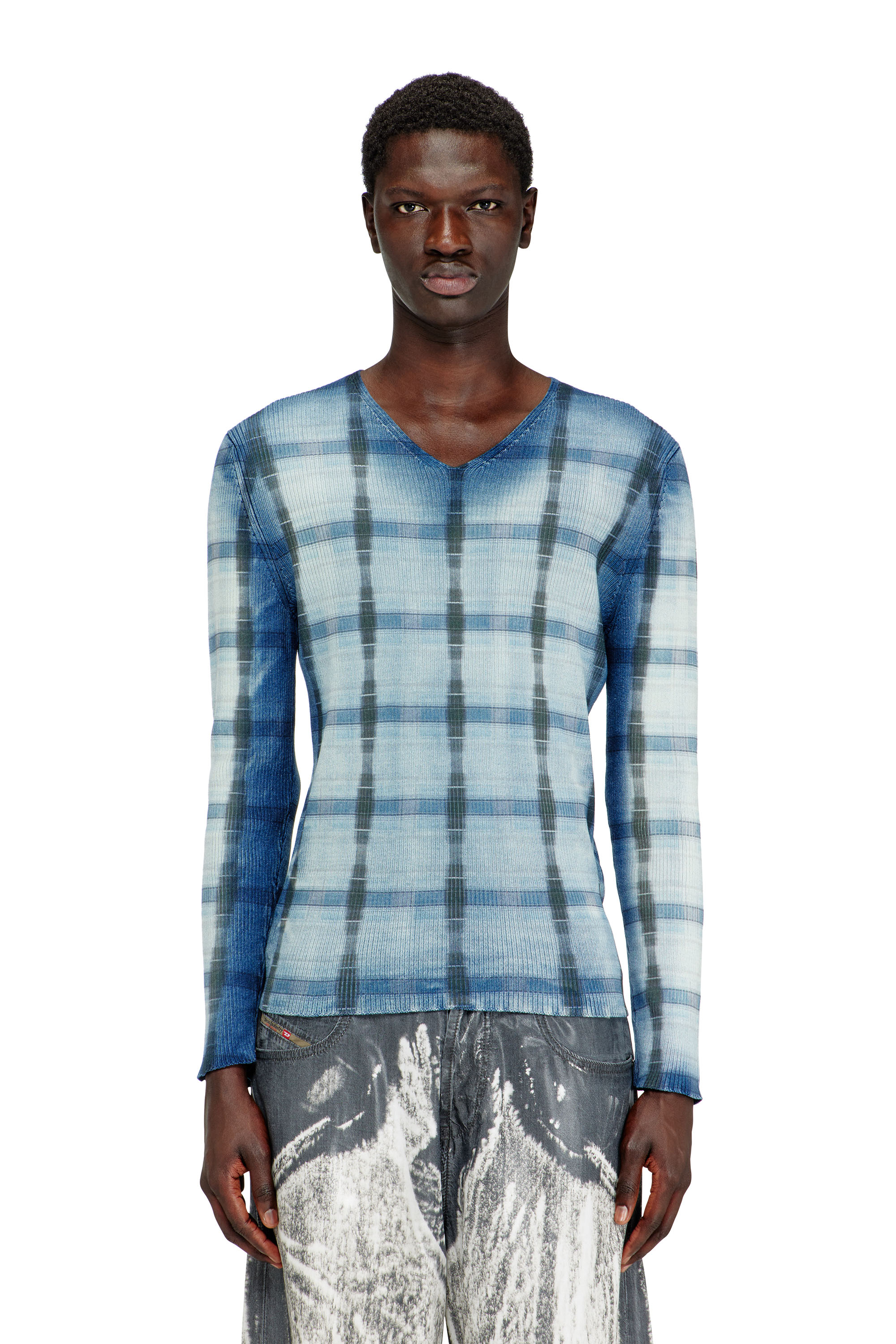 Diesel - K-EGONS, Male's Rib-knit top with check X-ray effect in ブルー - 1