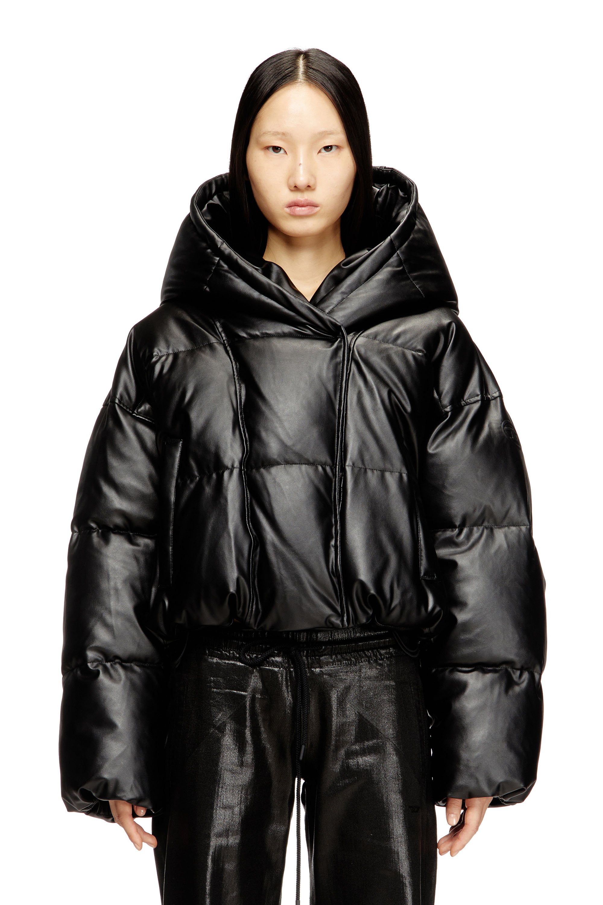 Diesel - W-ILLEY, Female's Hooded puffer jacket in coated fabric in ブラック - 1