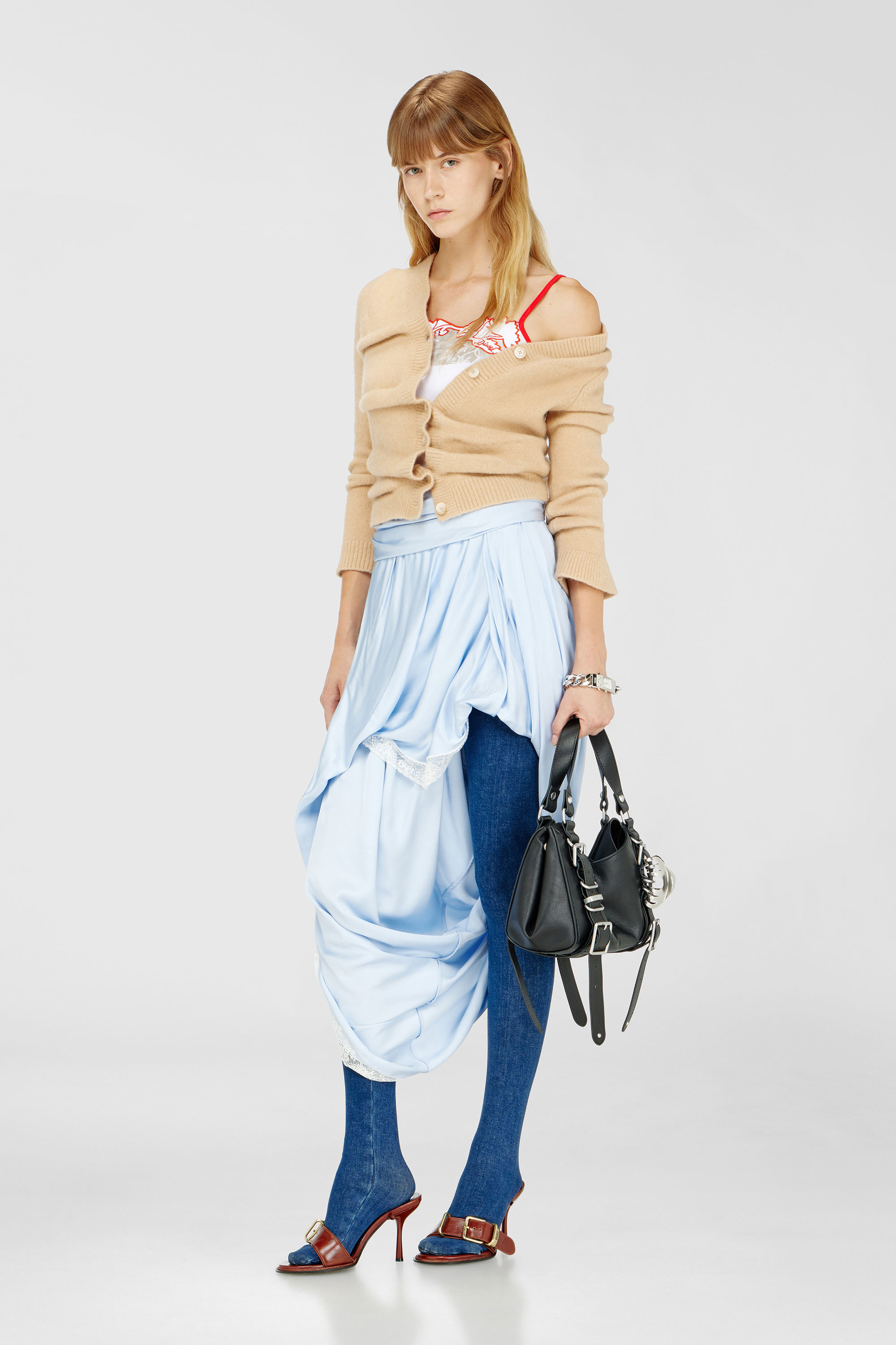 Diesel - O-WANDA, Female's Draped satin midi skirt with lace trim in アジュール - 1