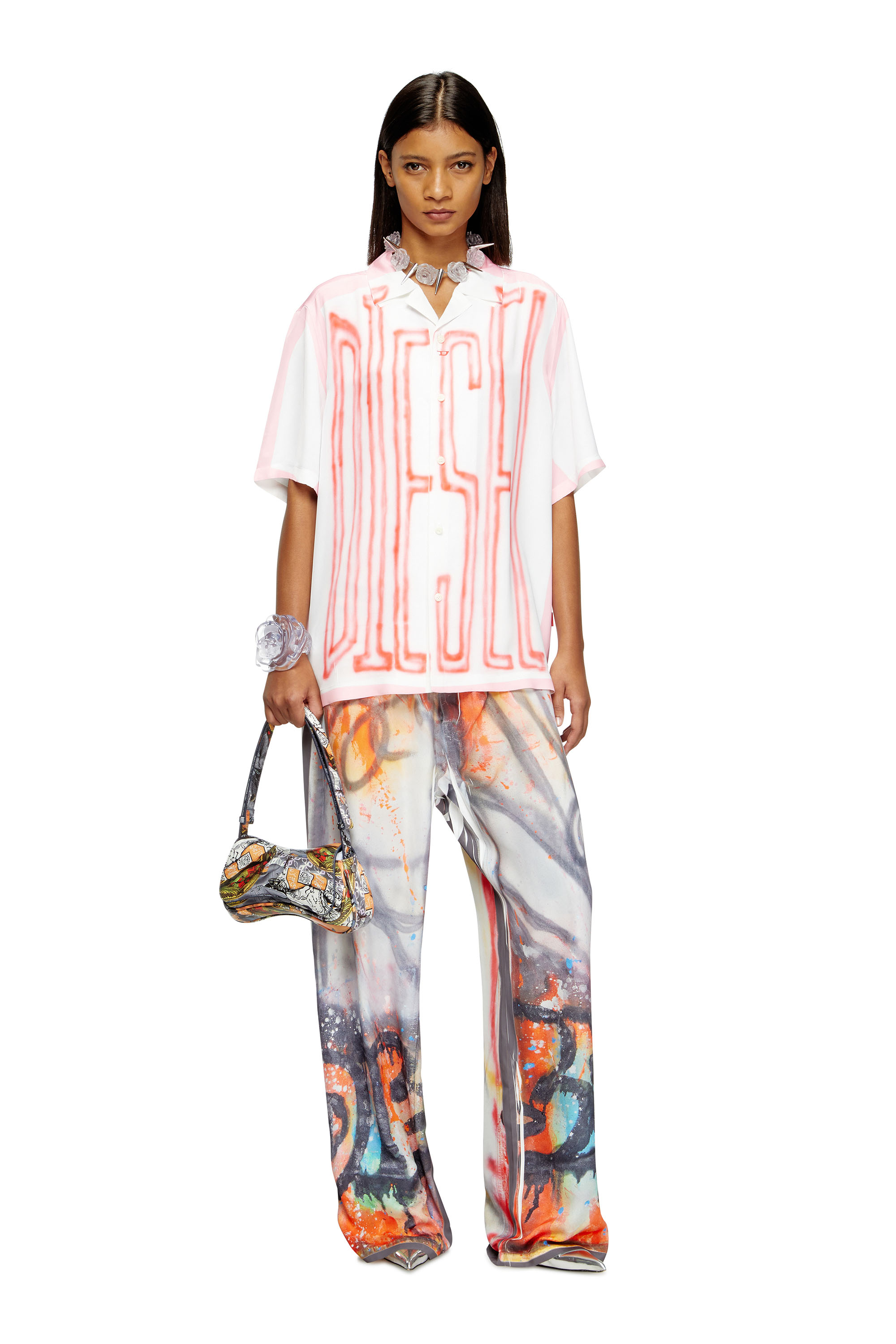 Diesel - C-PAROSHORT-GRAFFITI-FRA, Unisex's Satin bowling shirt with graffiti logo in ピンク/ホワイト - 6