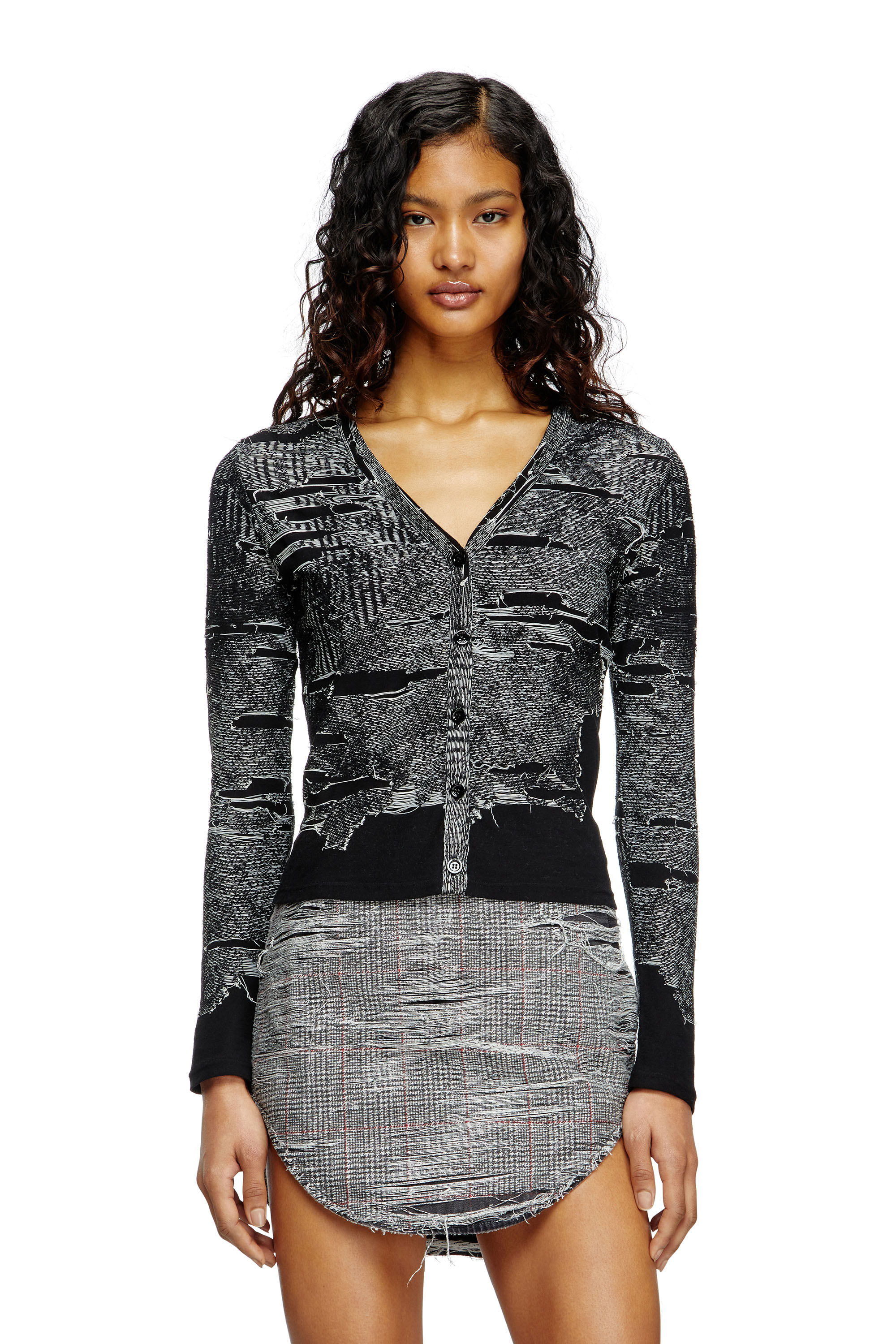 Diesel - M-ALIMA-L, Female's Cardigan with engineered distressing in ブラック - 3