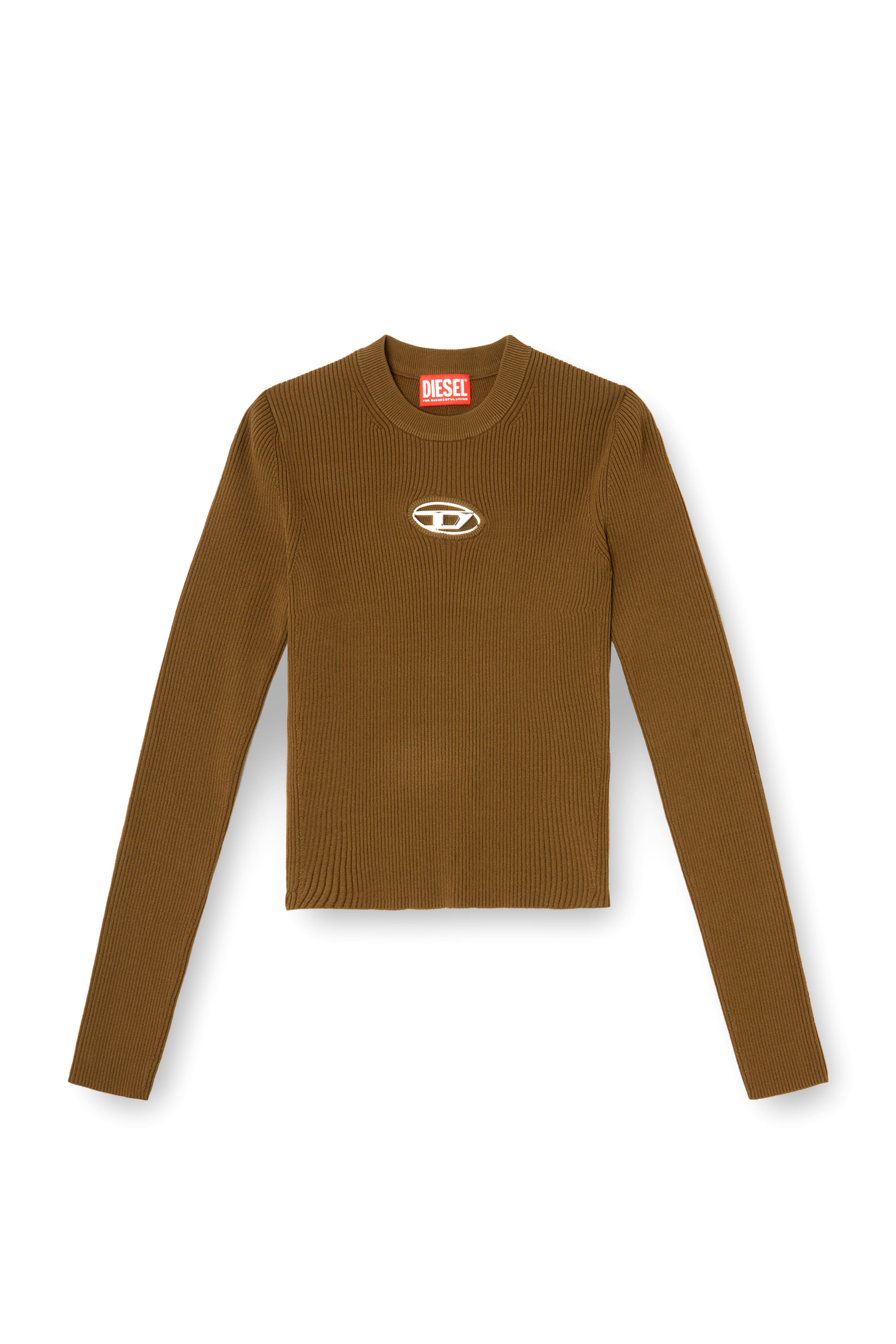 Diesel - M-VALARI, Female's Rib-knit viscose-blend top with Oval D in ブラウン - 2