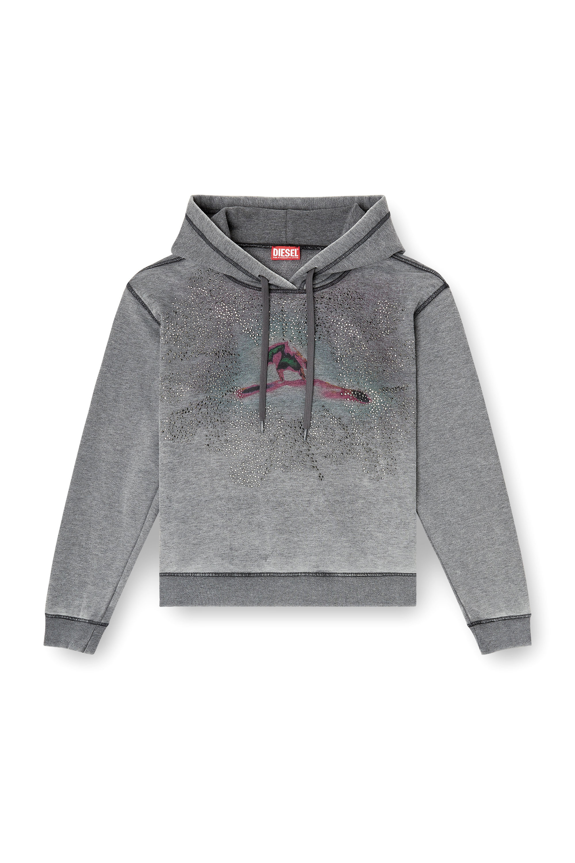 Diesel - F-NORMY-HOOD-S1, Female's Regulär geschnittenes Sweatshirt aus weichem Baumwoll-Poly-Fleece, veredelt mit Burnout-Waschung und kontrastierenden Covernähten. Die Kapuze ist mit einem flachen Baumwollkordelzug mit ovalen D-förmigen Kunststoffspitzen versehen, während ein digital gedrucktes Grafikmotiv mit aufgebrachten Strasssteinen auf der Brust einen markanten Effekt verleiht. in グレー - 2