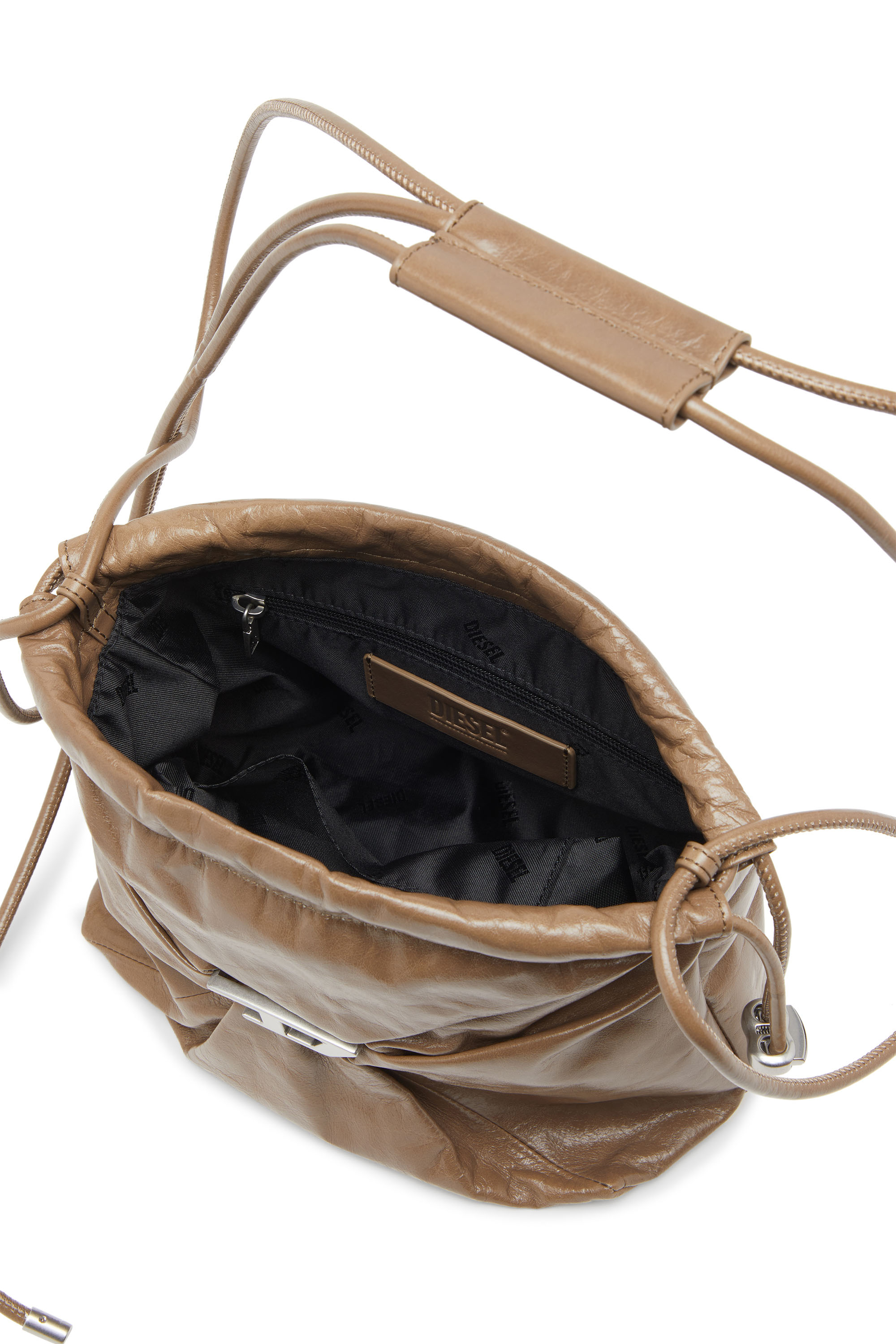 Diesel - SCRUNCH-D BUCKET, Female's Scrunch-D-Bucket bag in shiny wrinkled leather in ライトブラウン - 4