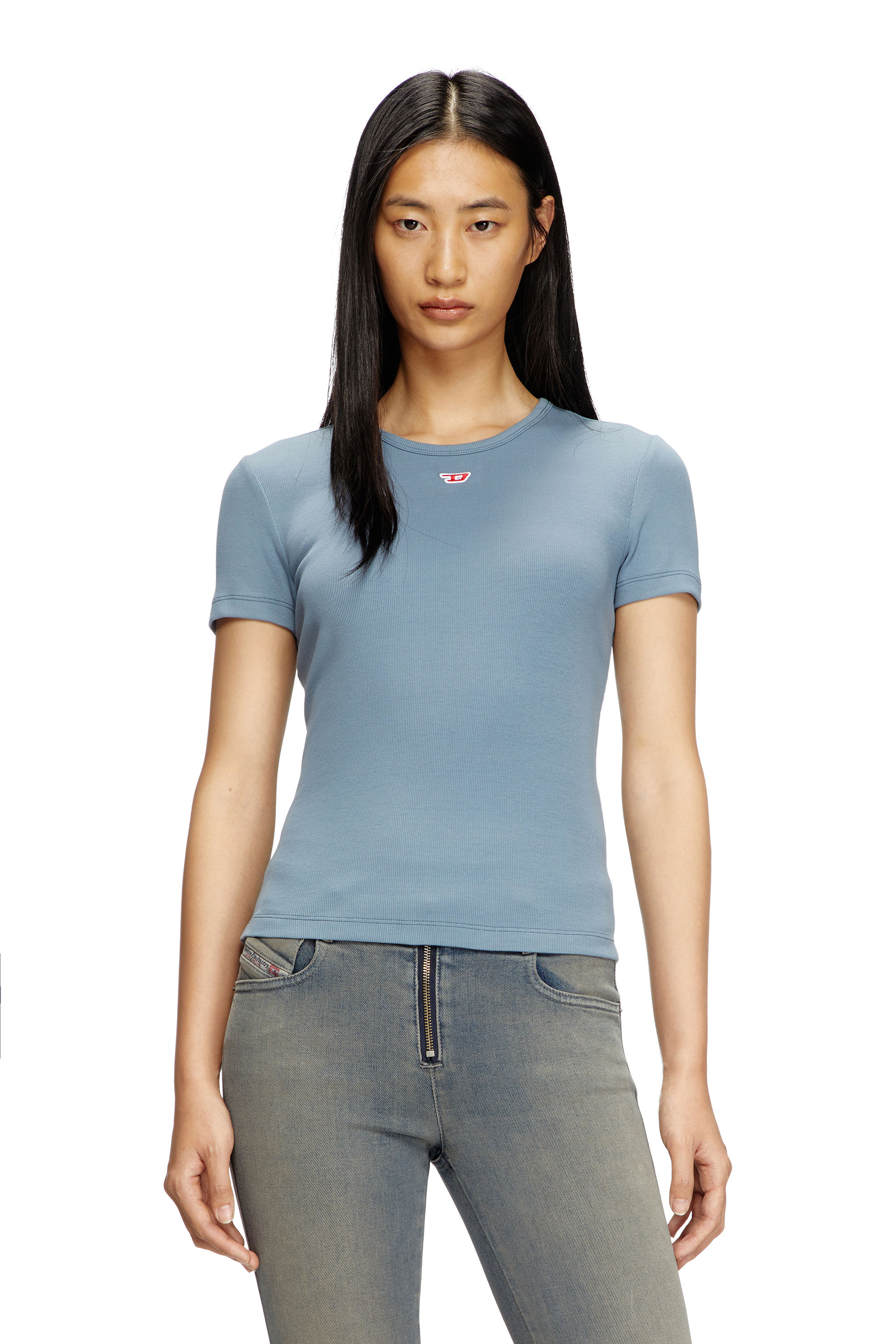 Diesel - T-ELE-LONG-D, Female's T-shirt with D logo patch in ライトブルー - 1