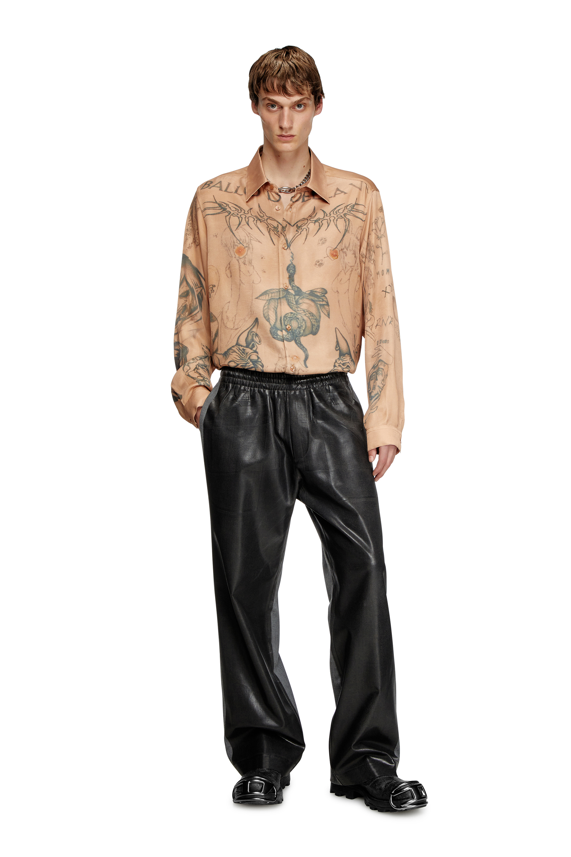 Diesel - S-SIMPLY-TTO-DD, Unisex's Fluid satin shirt with tattoo print in ベージュ - 3