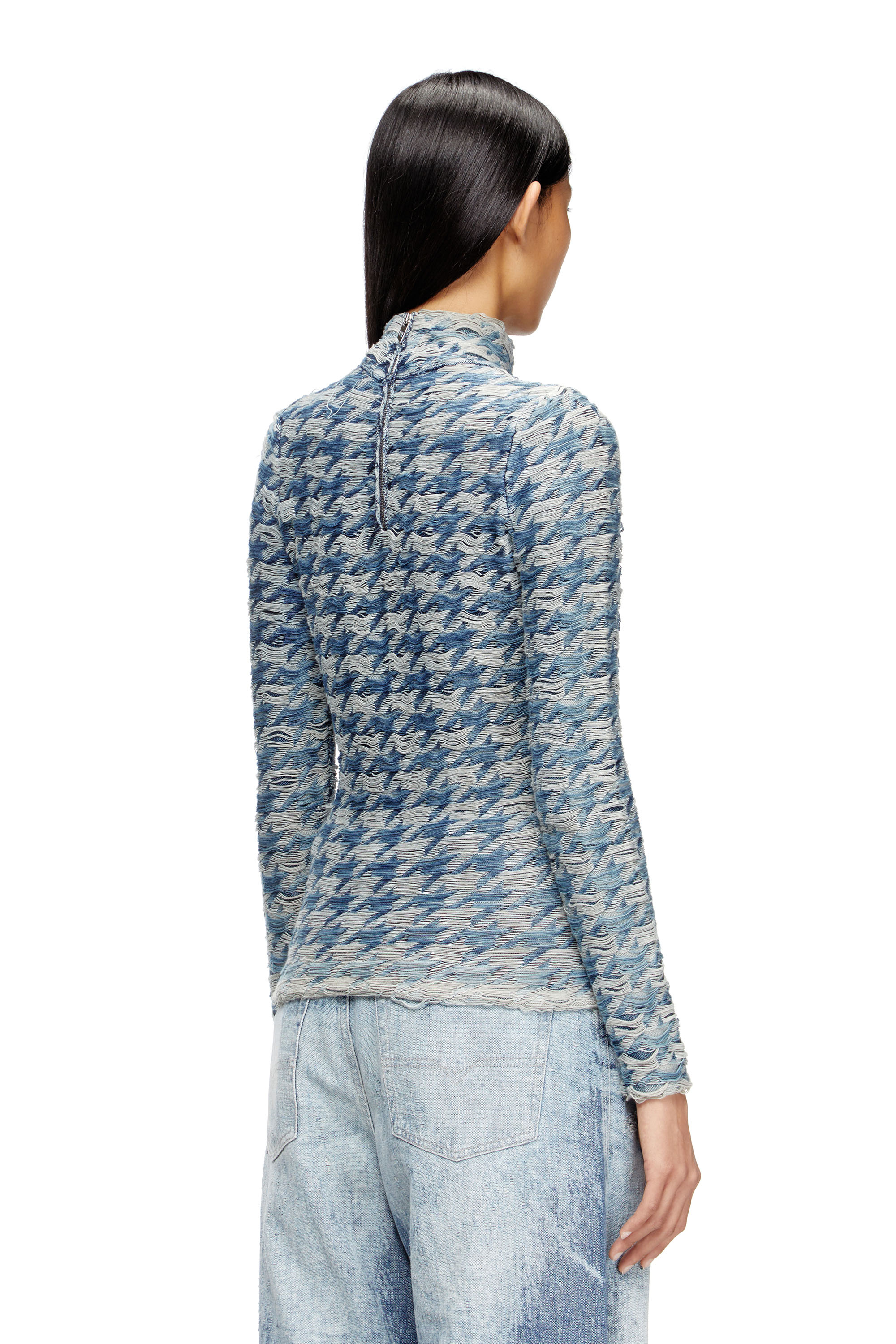 Diesel - M-HILDA, Female's Turtleneck in denim-look houndstooth jacquard in ブルー/グレー - 5