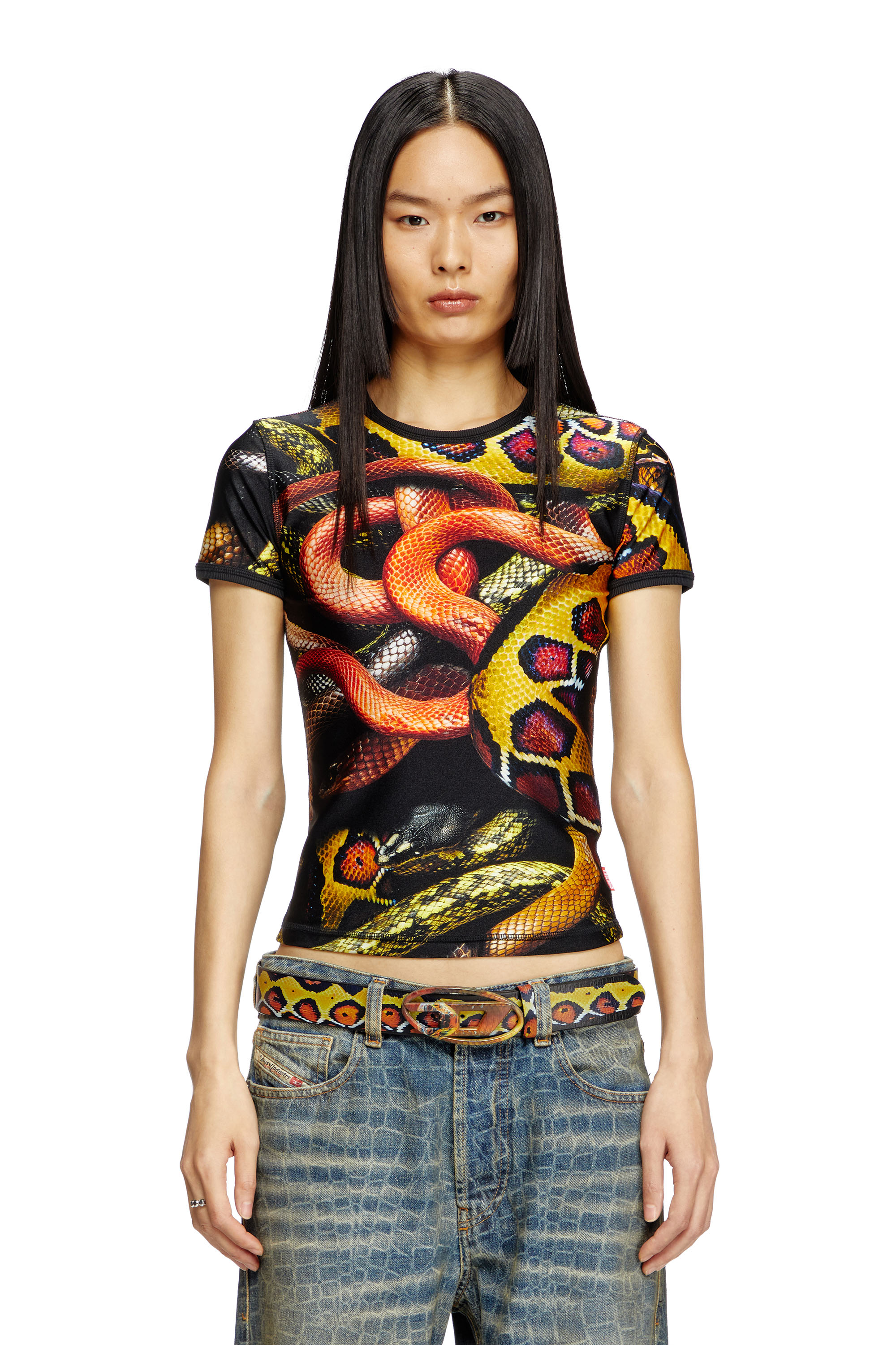 Diesel - CL-T-UNCLE-SNAKE, Unisex's Lycra T-shirt with all-over snake print in ブラック/イエロー - 5