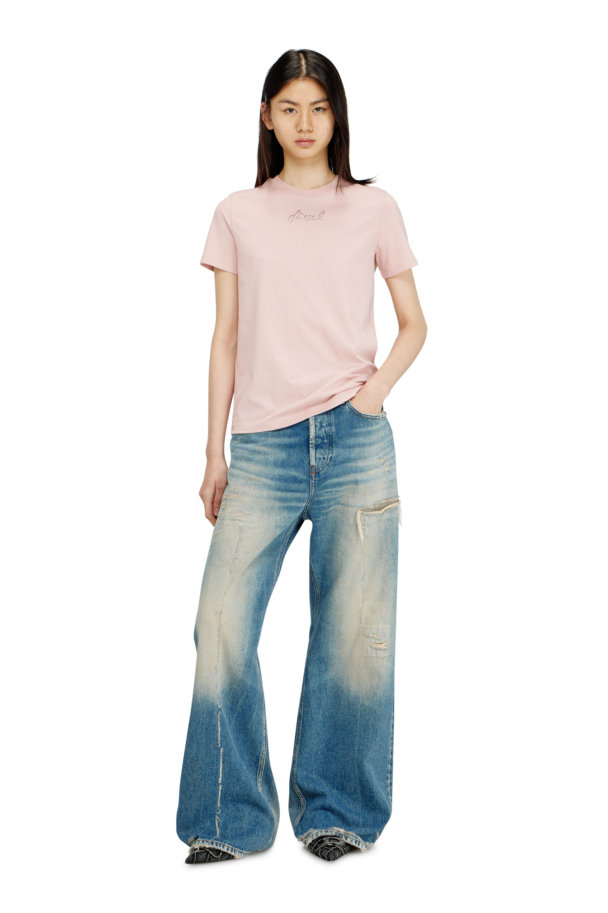 Diesel - T-REG-S2, Female's Jersey top with round neck and small Diesel logo embroidery in ピンク / ホワイト - 1