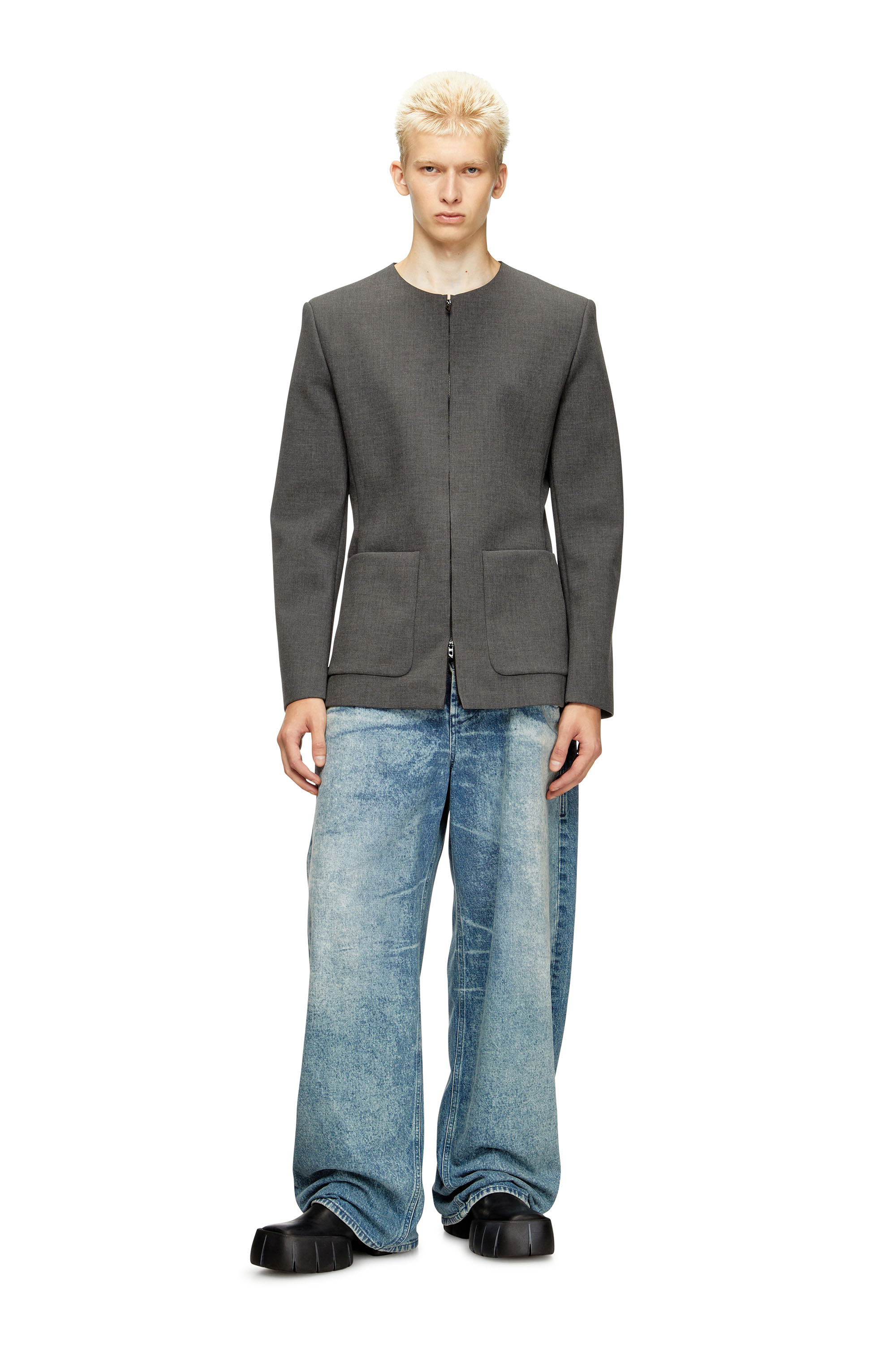 Diesel - J-CESAR-NEO, Male's Collarless jacket in neoprene-bonded fabric in グレー - 1