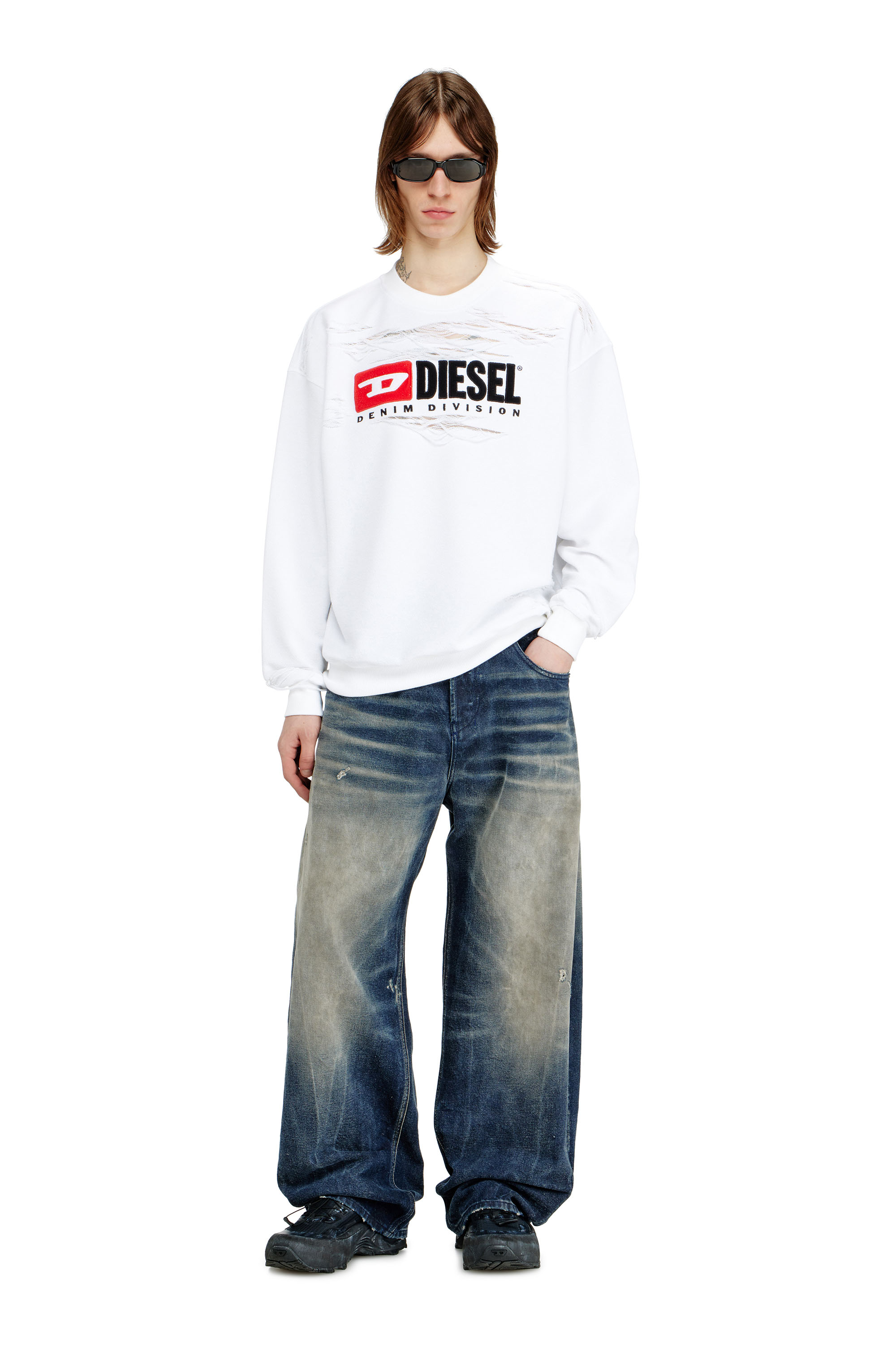 Diesel - S-BOXT-V1, Male's Sweatshirt with devor&egrave;e floating threads in ホワイト - 2