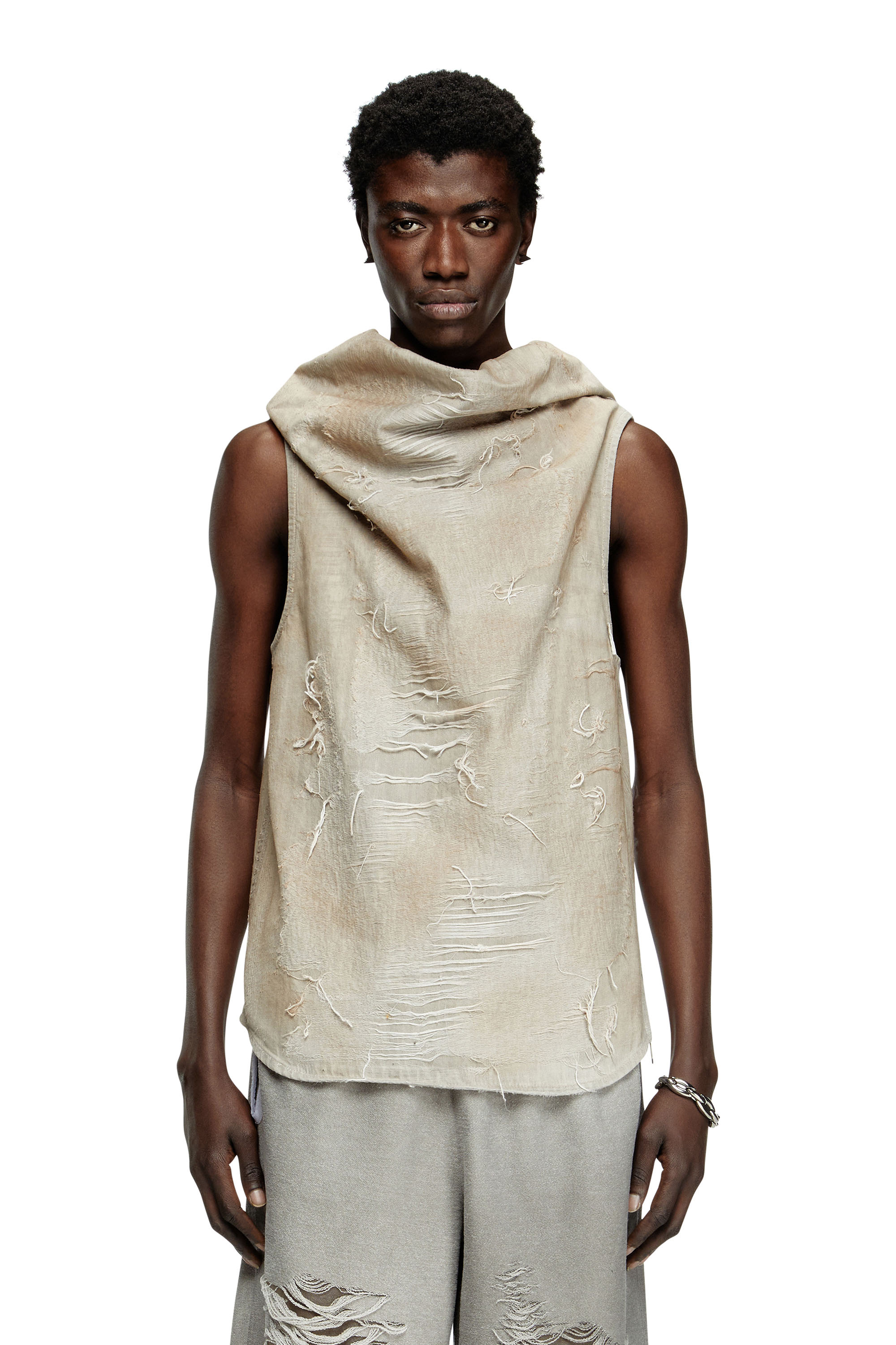 Diesel - D-TASTON-FSG, Male's Muscle Tee in micro-distressed jacquard denim in ライトグレー - 1