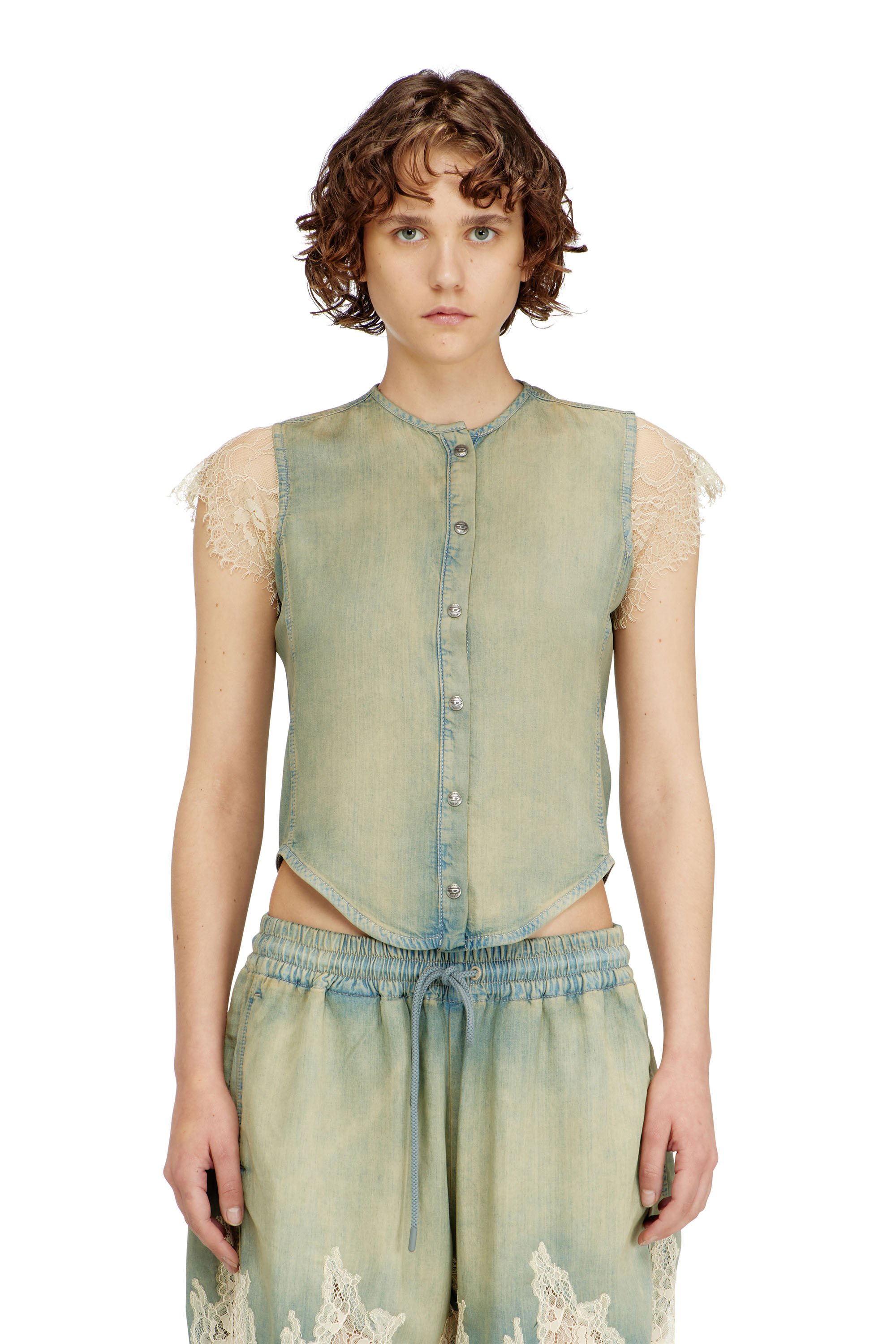 Diesel - DE-MALKA-S, Female's Short-sleeve shirt in denim and lace in null - 1