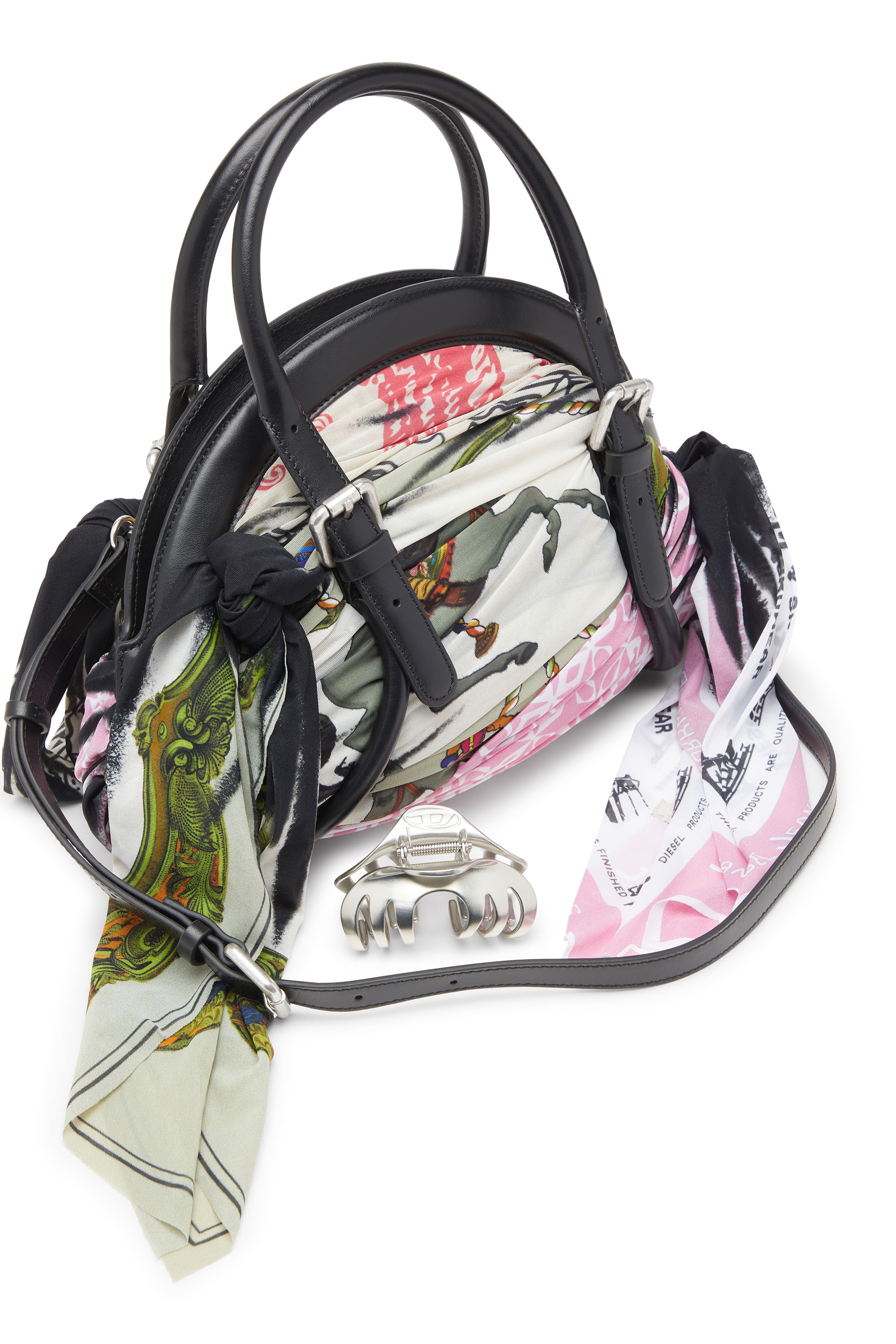 Diesel - TRASH-D TOP HANDLE, Female's Trash-D-Bandana handbag in leather and jersey in ブラック/ホワイト - 5