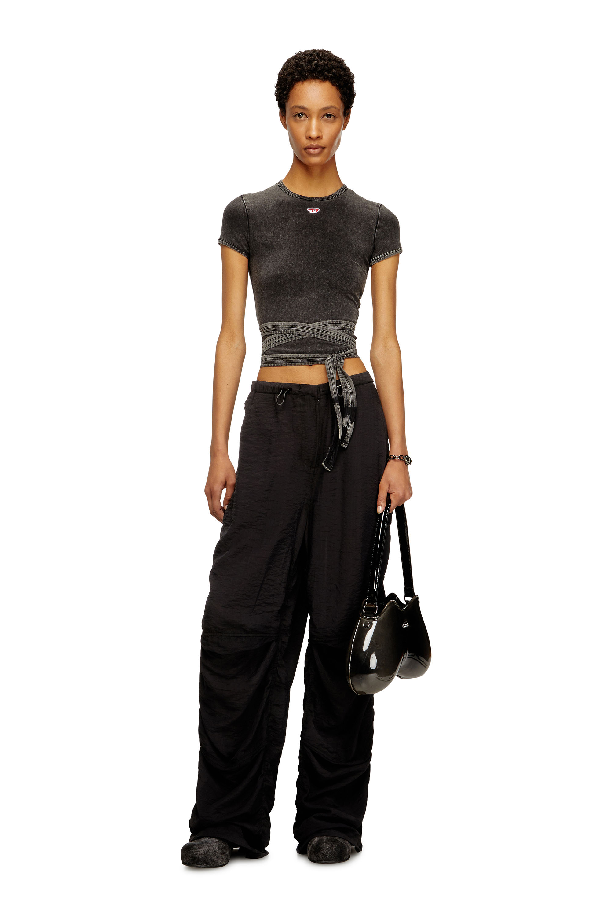 Diesel - T-BUNNY-TAIL-R1, Female's Denim-look T-shirt with wrap ties in ブラック - 2