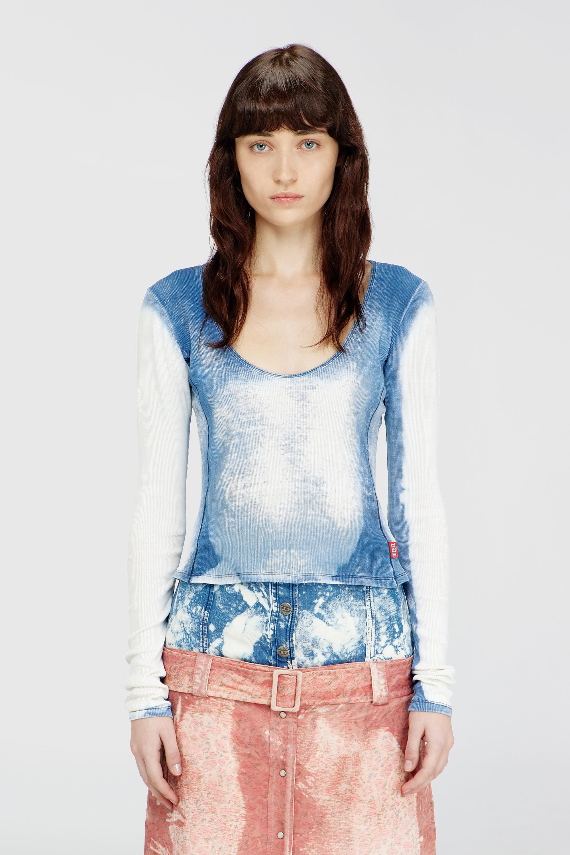 Diesel - T-ULIO, Female's Rib-jersey top with X-ray denim effect in ライトブルー - 1