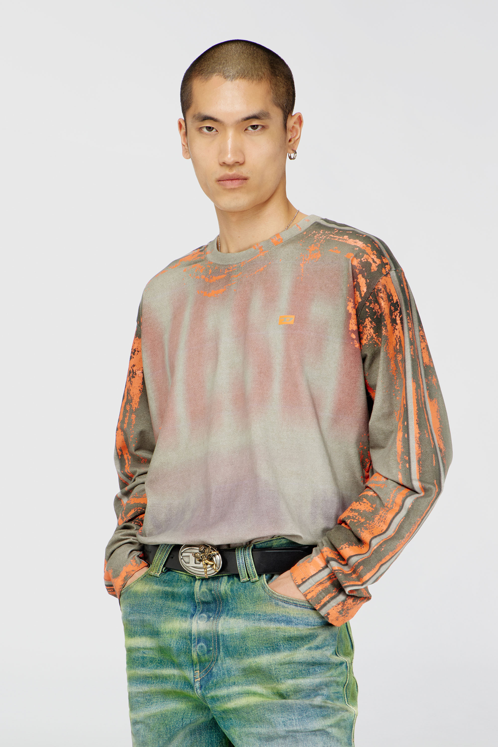 Diesel - T-FILMY, Male's Long-sleeve T-shirt in cracked jersey in グレー/オレンジ - 1