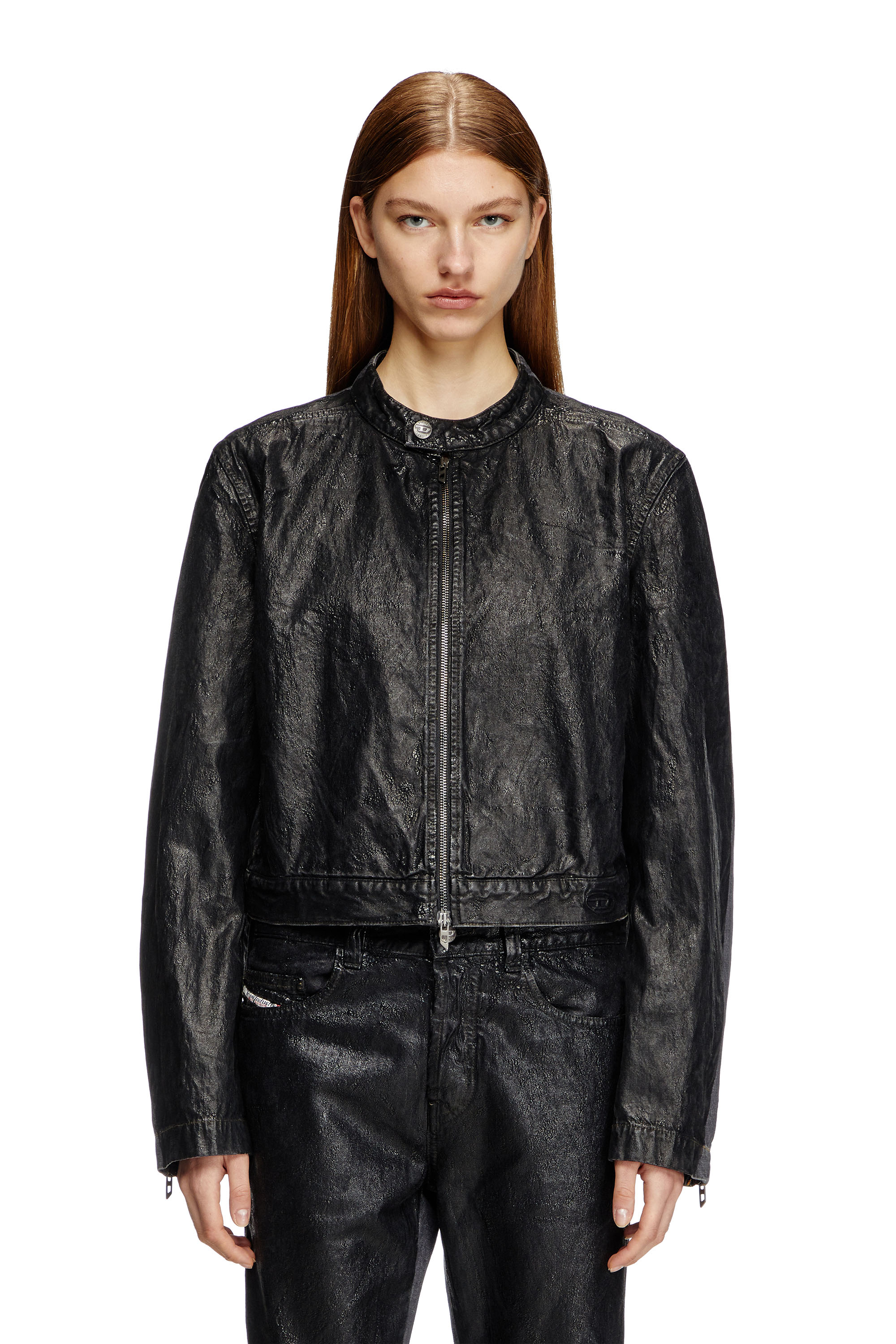 Diesel - D-GLORY-DD, Unisex's Denim moto jacket with coated front in ブラック - 6