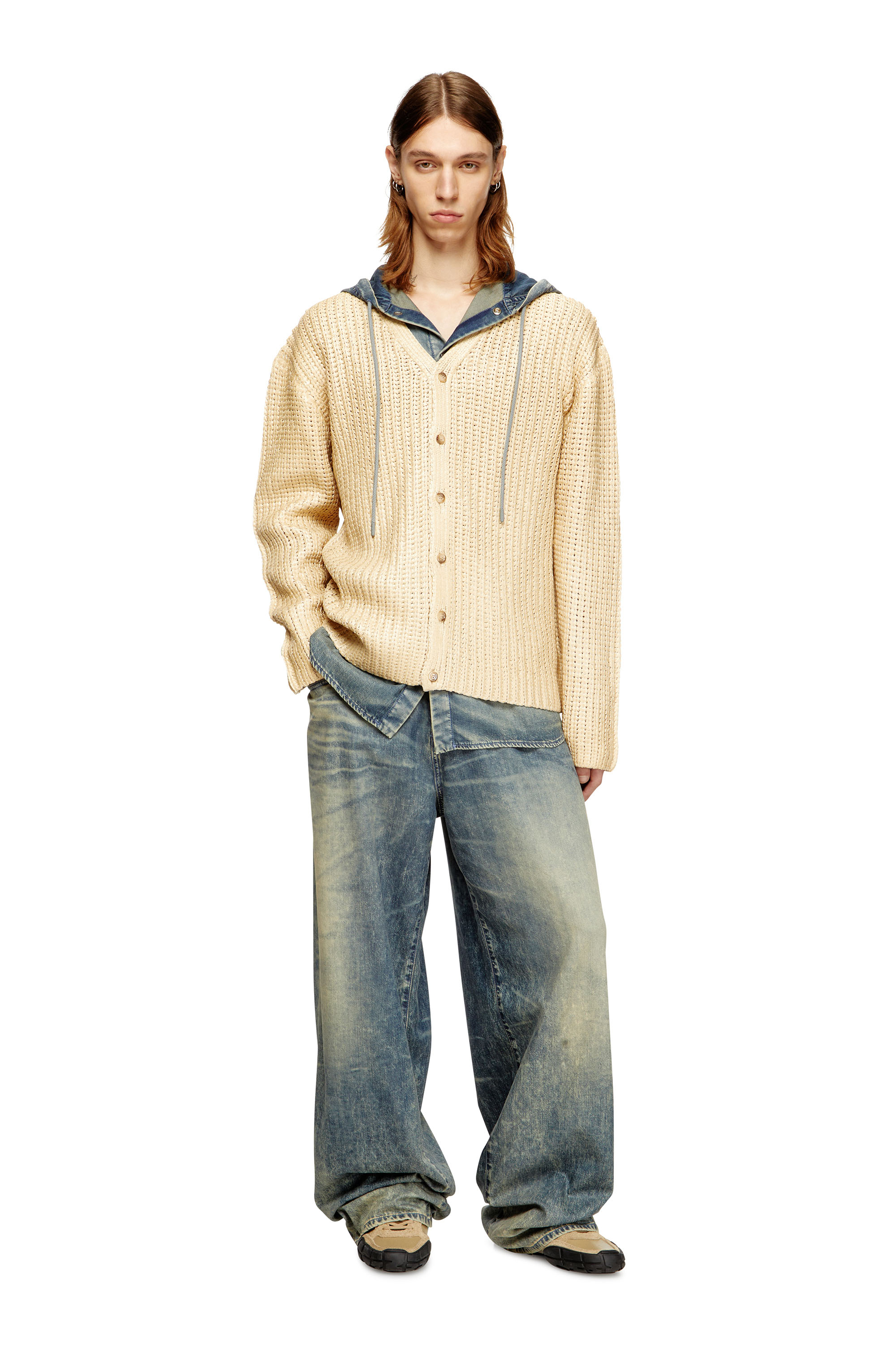 Diesel - K-MICHOR, Male's Ribbed cardigan with shiny effect in ライトブラウン - 1