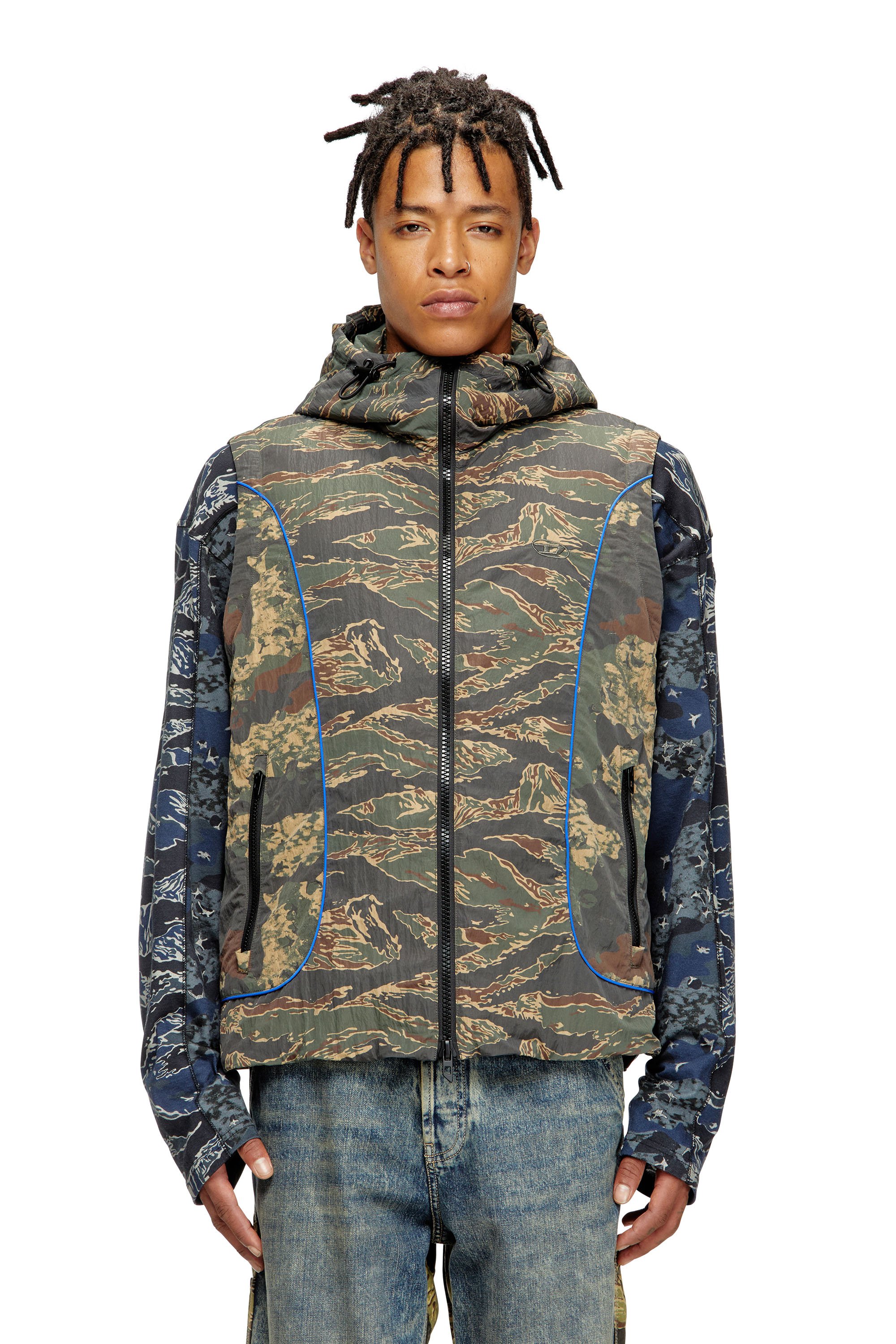 Diesel - J-OSTEND-SL-CAMU, Male's Hooded vest with mixed camo prints in ブルー/グリーン - 1
