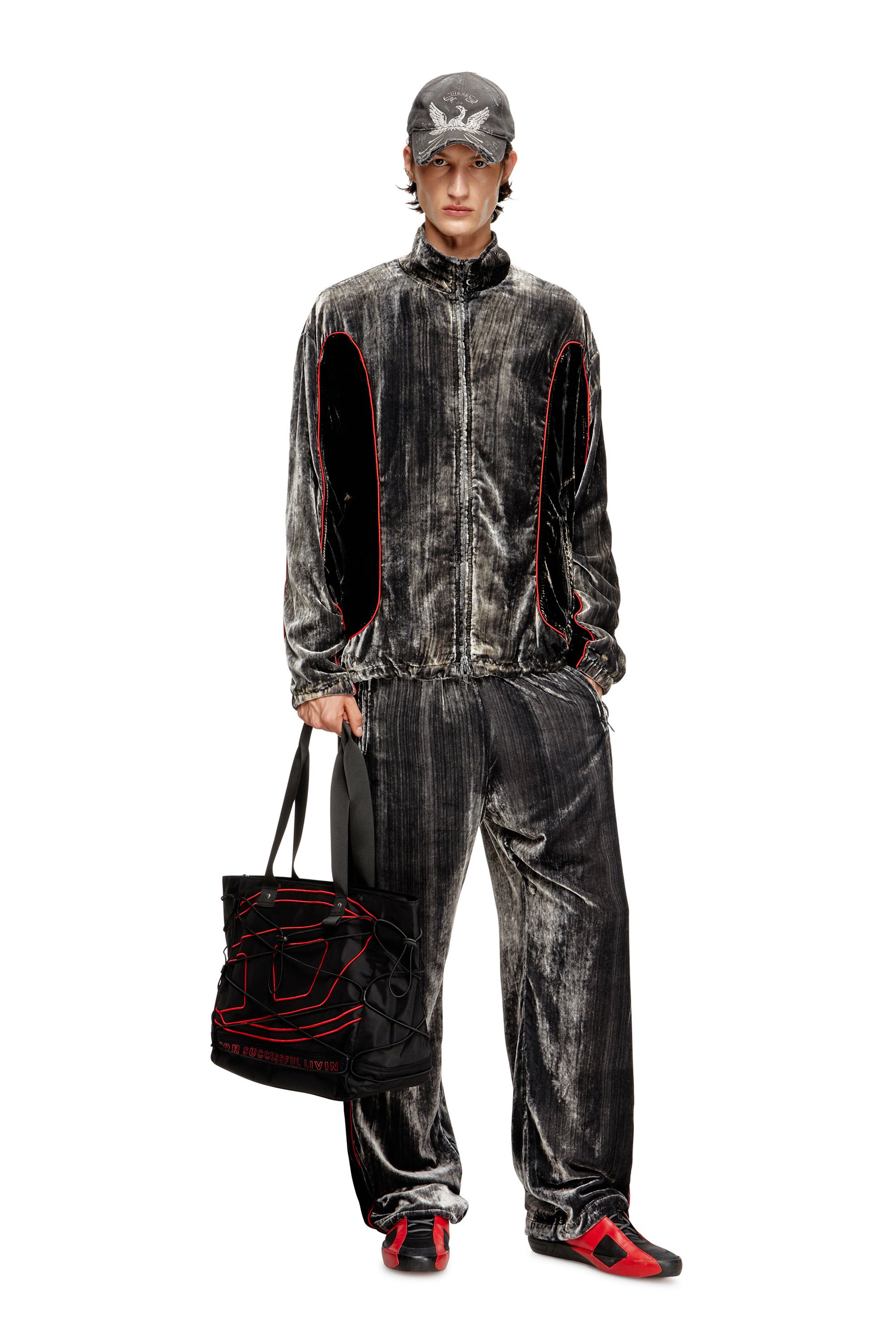 Diesel - J-HAY, Male's Track jacket in treated velvet in ブラック/レッド - 2