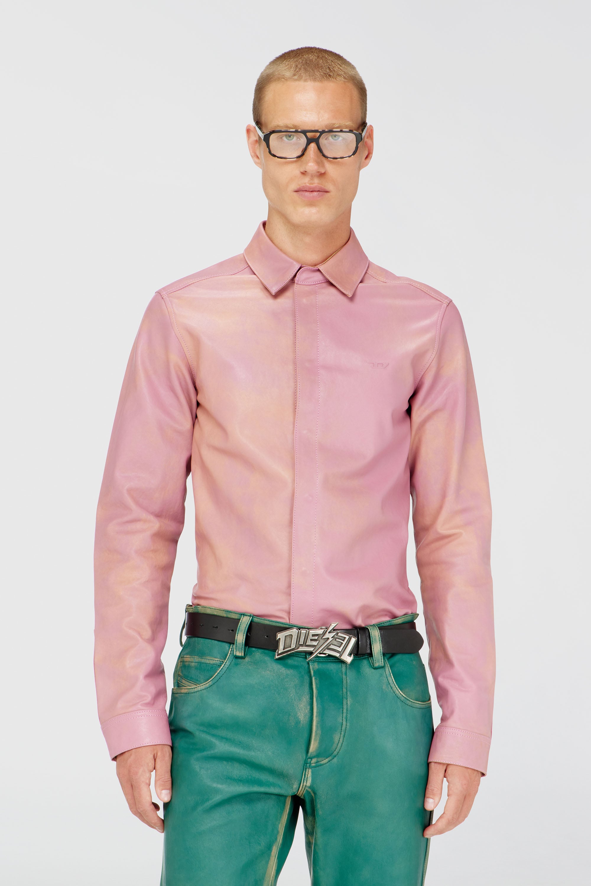 Diesel - S-CIRT, Male's Shirt in treated leather in ピンク / ホワイト - 1