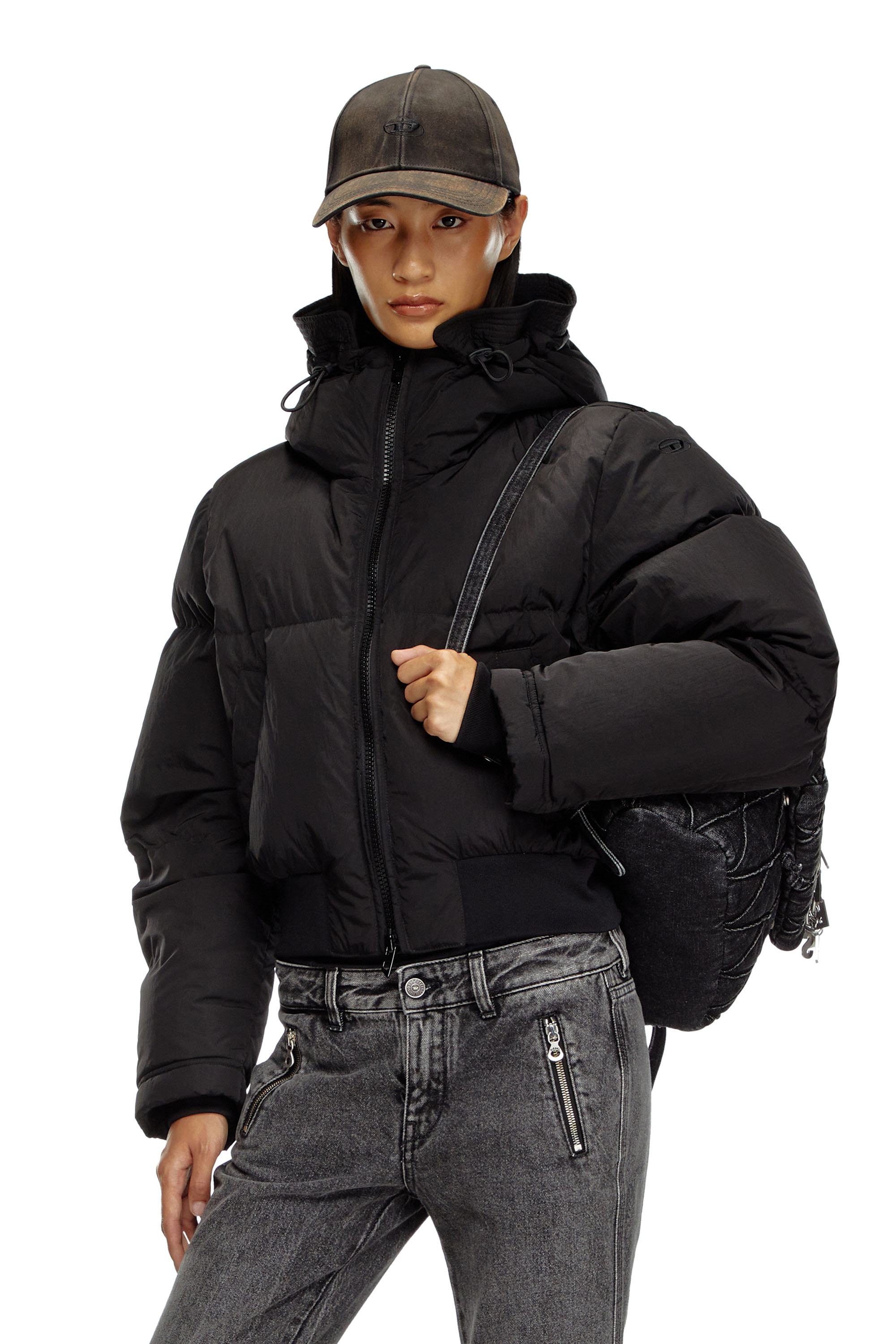 Diesel - W-PEYT-SHORT-NEW-P1, Female's Hooded down jacket in crinkled nylon in ブラック - 3