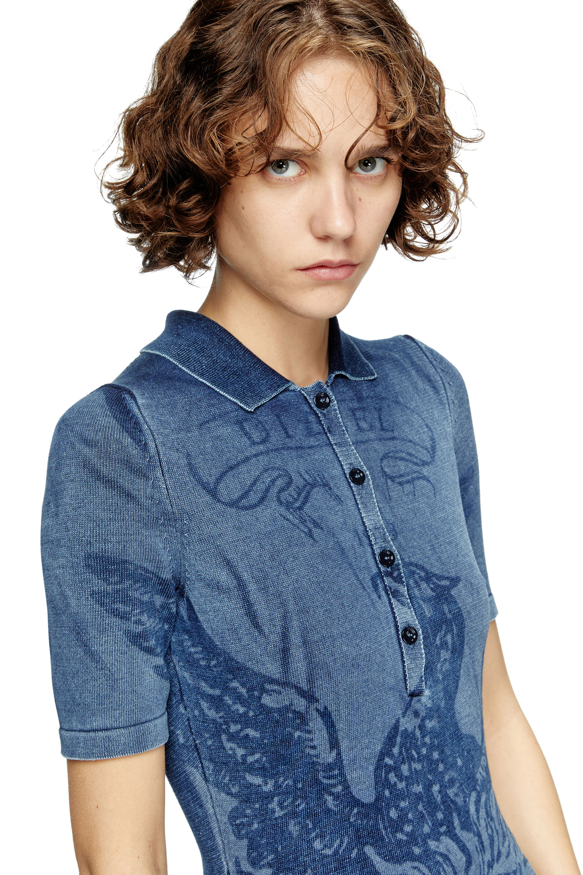 Diesel - M-FENNY-DRS, Female's Polo midi dress in denim-effect knit in ミディアムブルー - 4