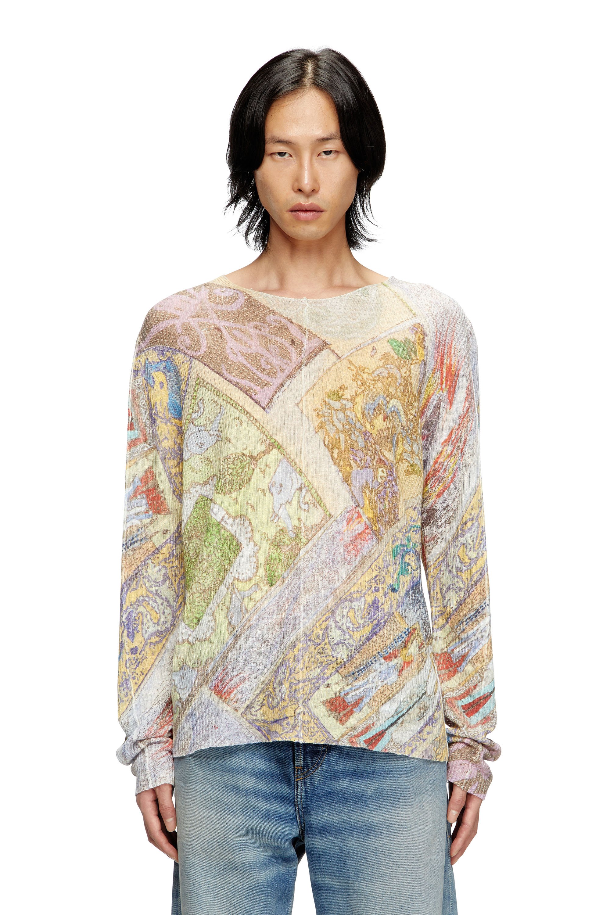 Diesel - K-RENTON, Male's Linen jumper with medieval print in ベージュ/イエロー - 1