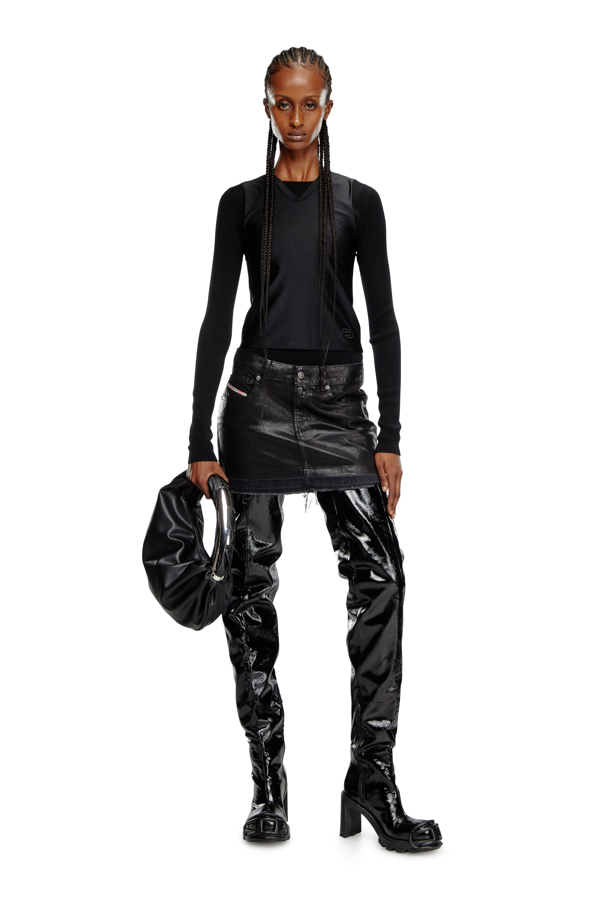 Diesel - DE-RON, Female's Mini skirt in coated tailoring denim in ブラック - 1