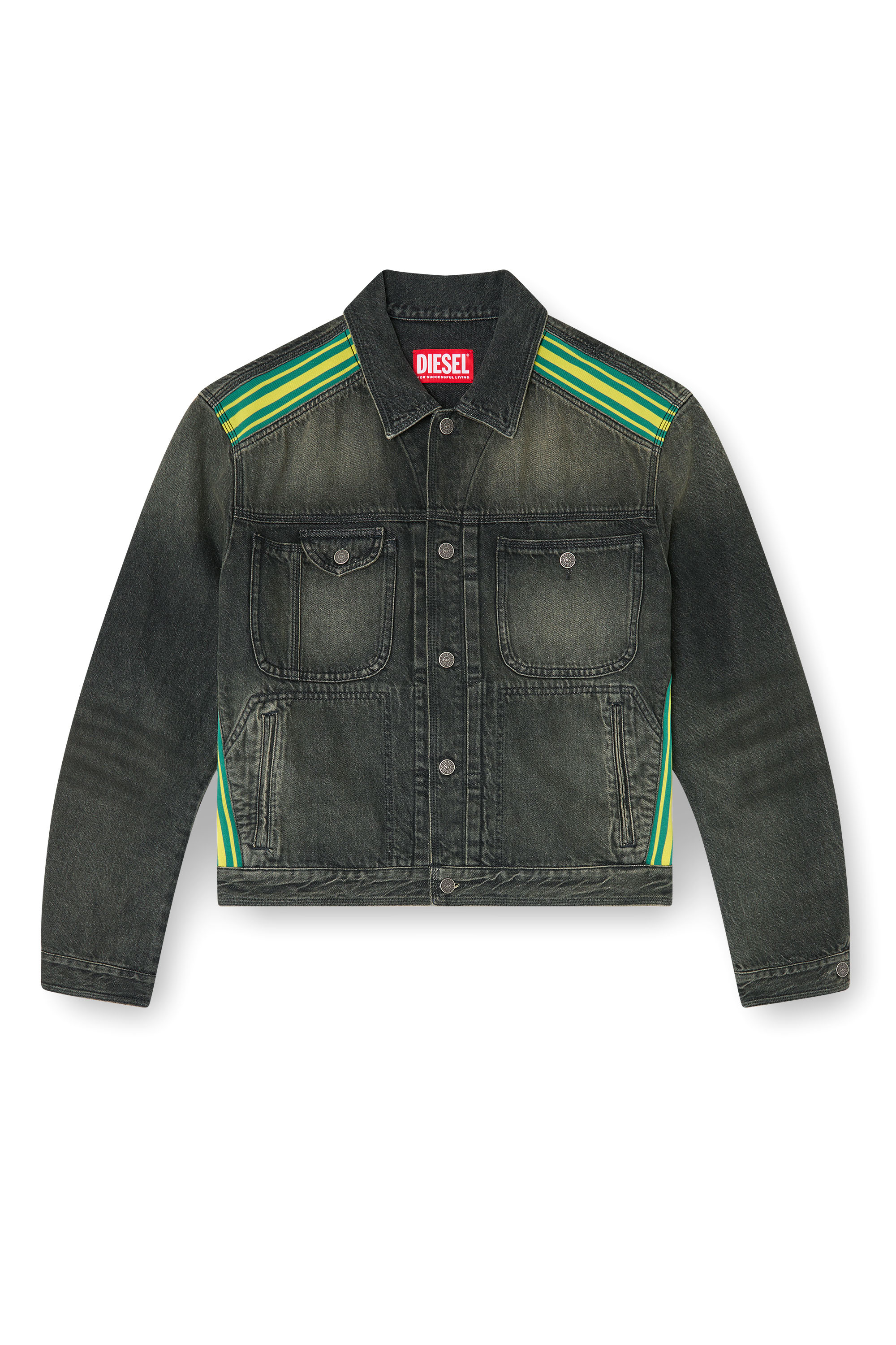 Diesel - D-BAS-FSJ1, Male's Trucker jacket with striped shoulder bands in ブラック/ダークグレー - 2