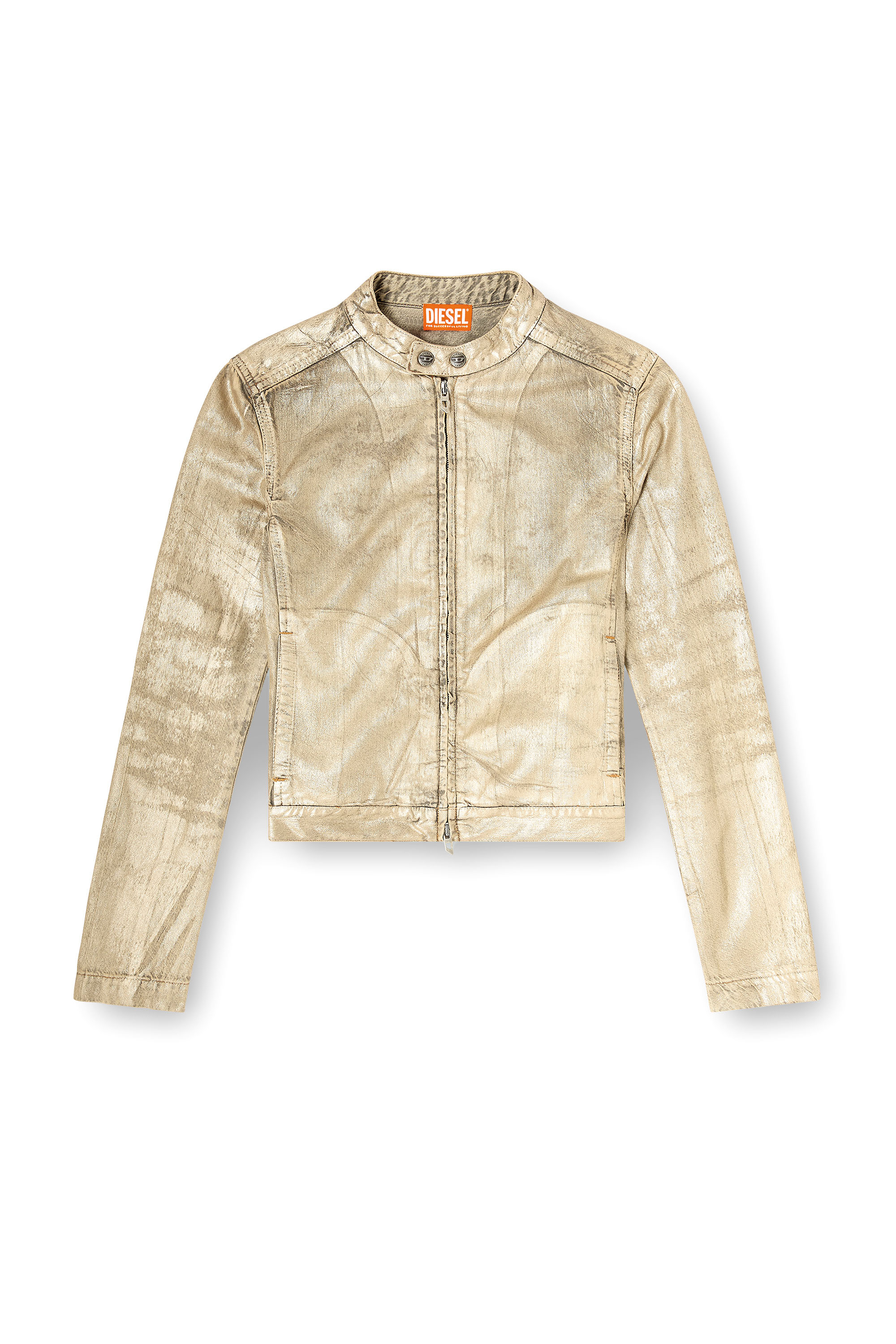Diesel - DE-MORNIN-KG, Female's Moto jacket in distressed metallic denim in ゴールド - 3