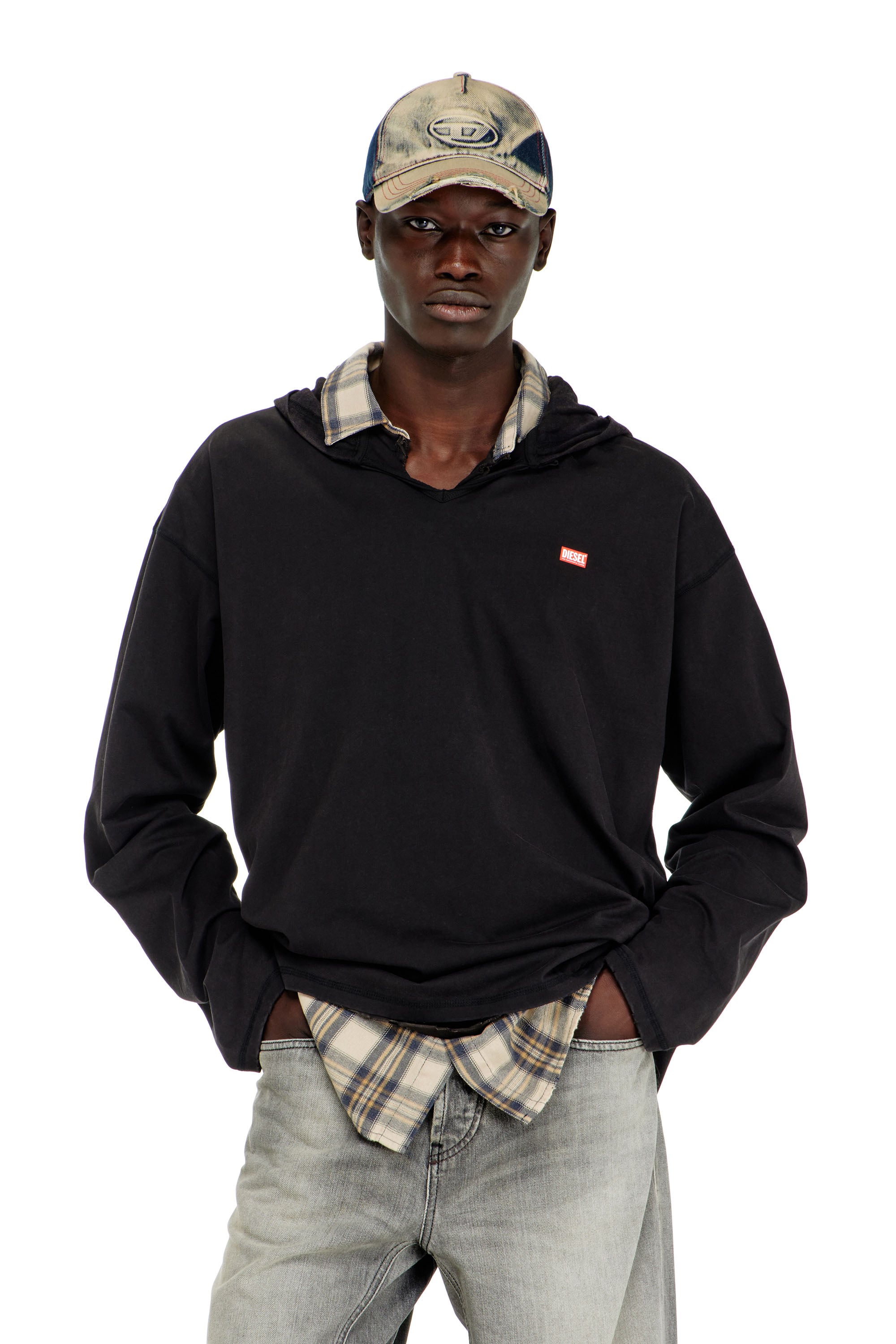 Diesel - T-BOXT-LS-HOOD-CHECK, Male's フード付き長袖Tシャツ in ブラック - 1