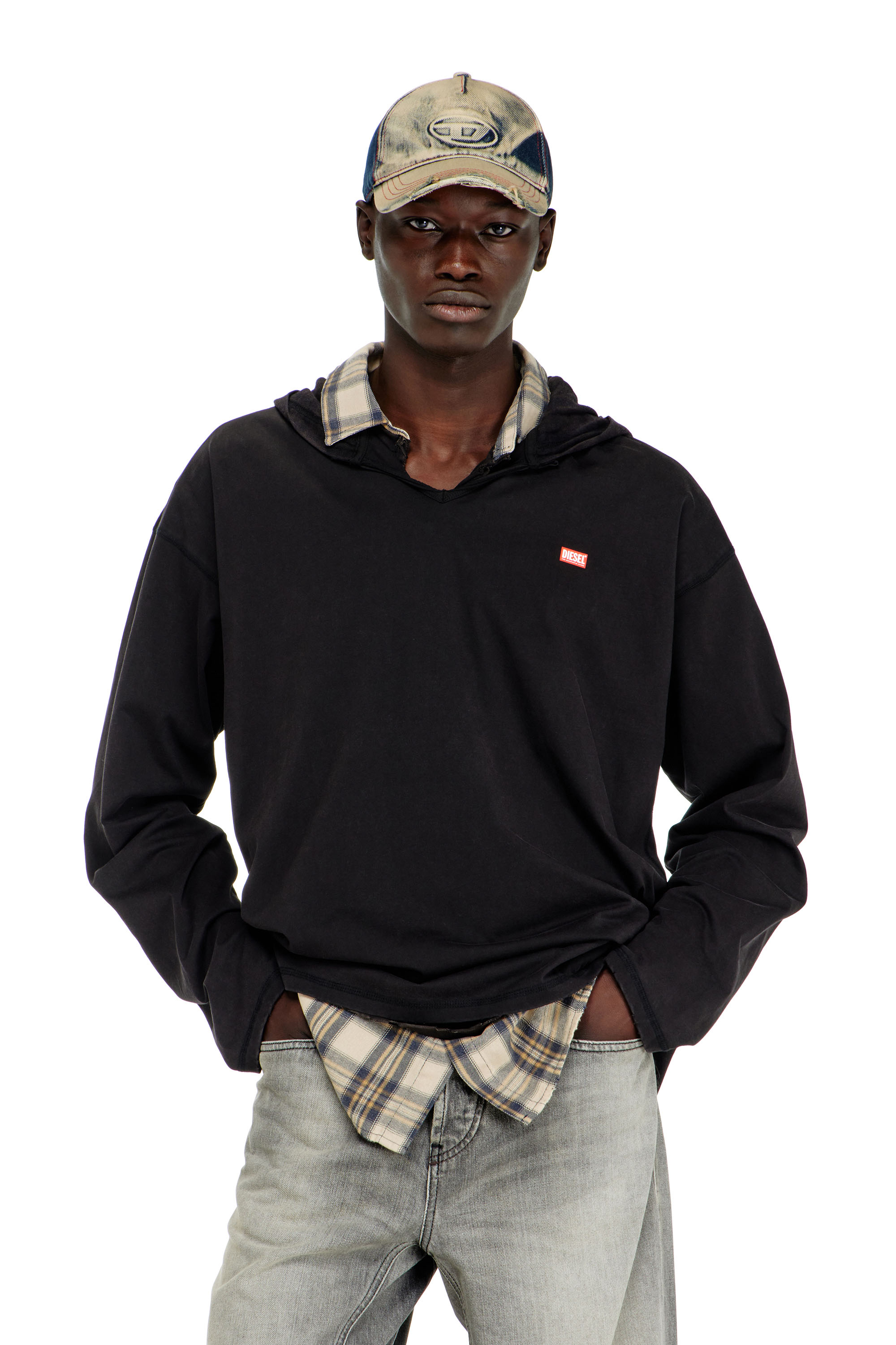 Diesel - T-BOXT-LS-HOOD-CHECK, Male's フード付き長袖Tシャツ in ブラック - 3