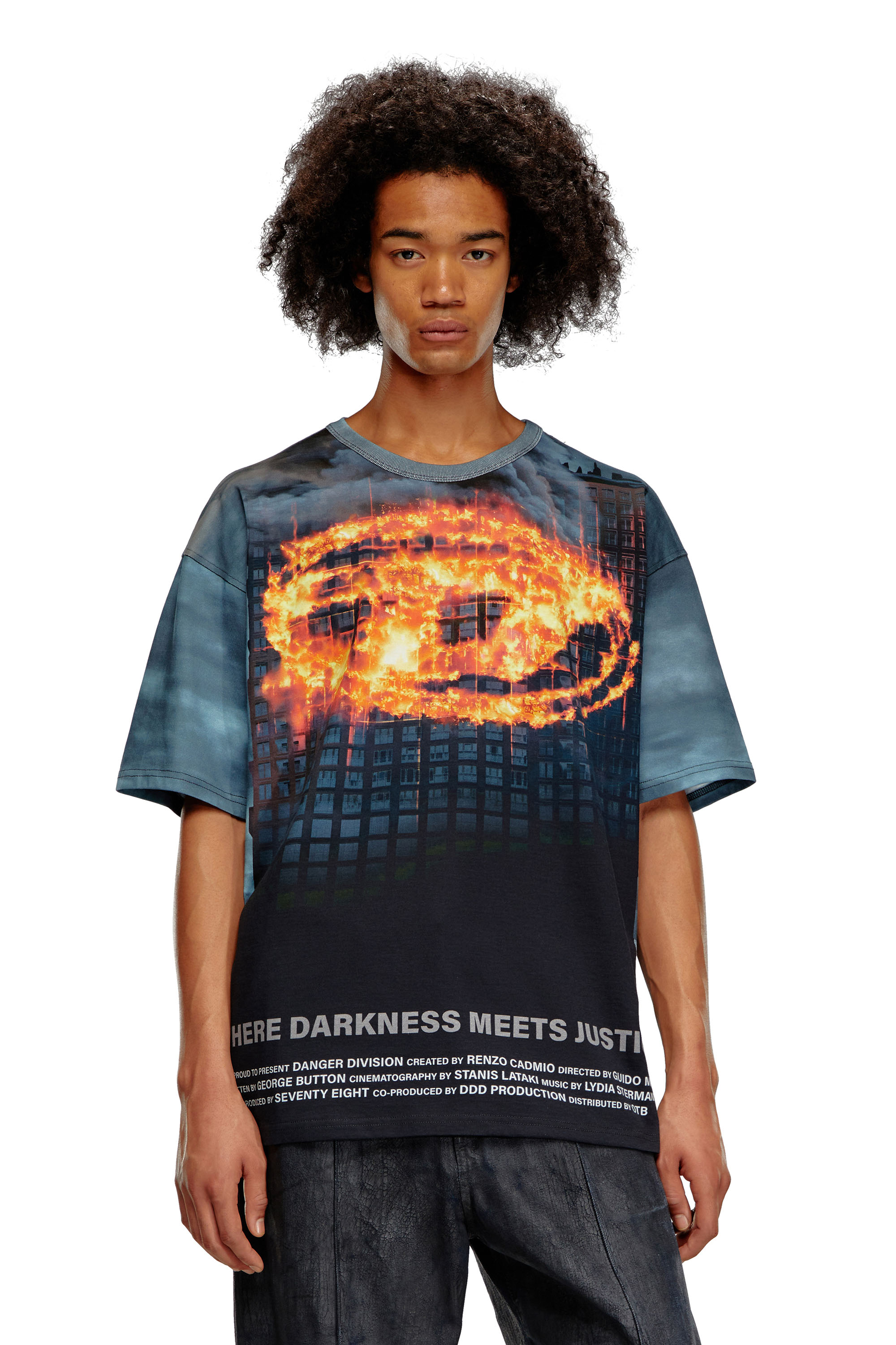 Diesel - T-BOXT-P2, Male's T-shirt with burning Oval D poster in ブラック/ブルー - 1