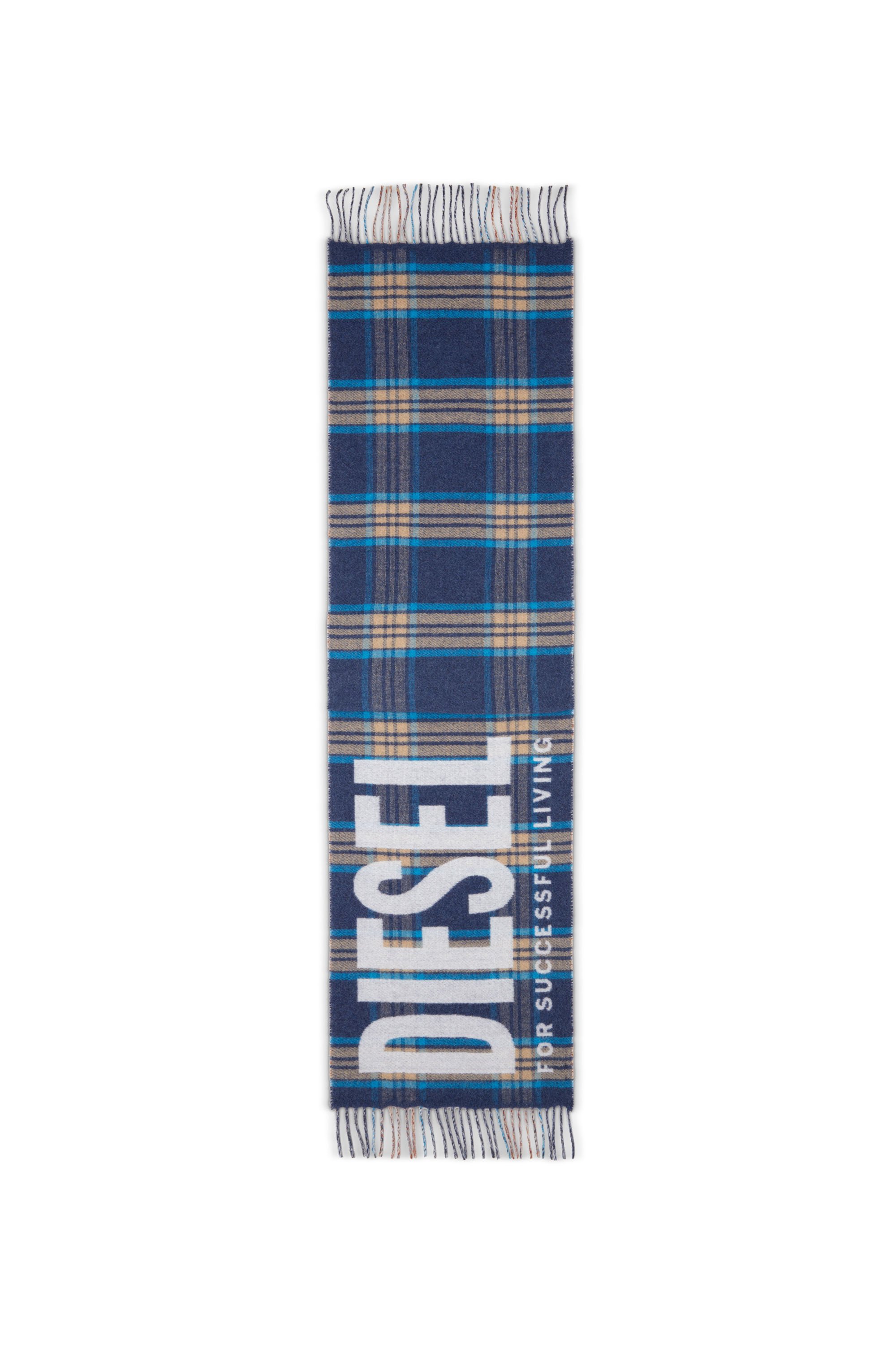 Diesel - S-QUAK, Male's Fringed scarf in check-jacquard wool blend in ブルー - 2