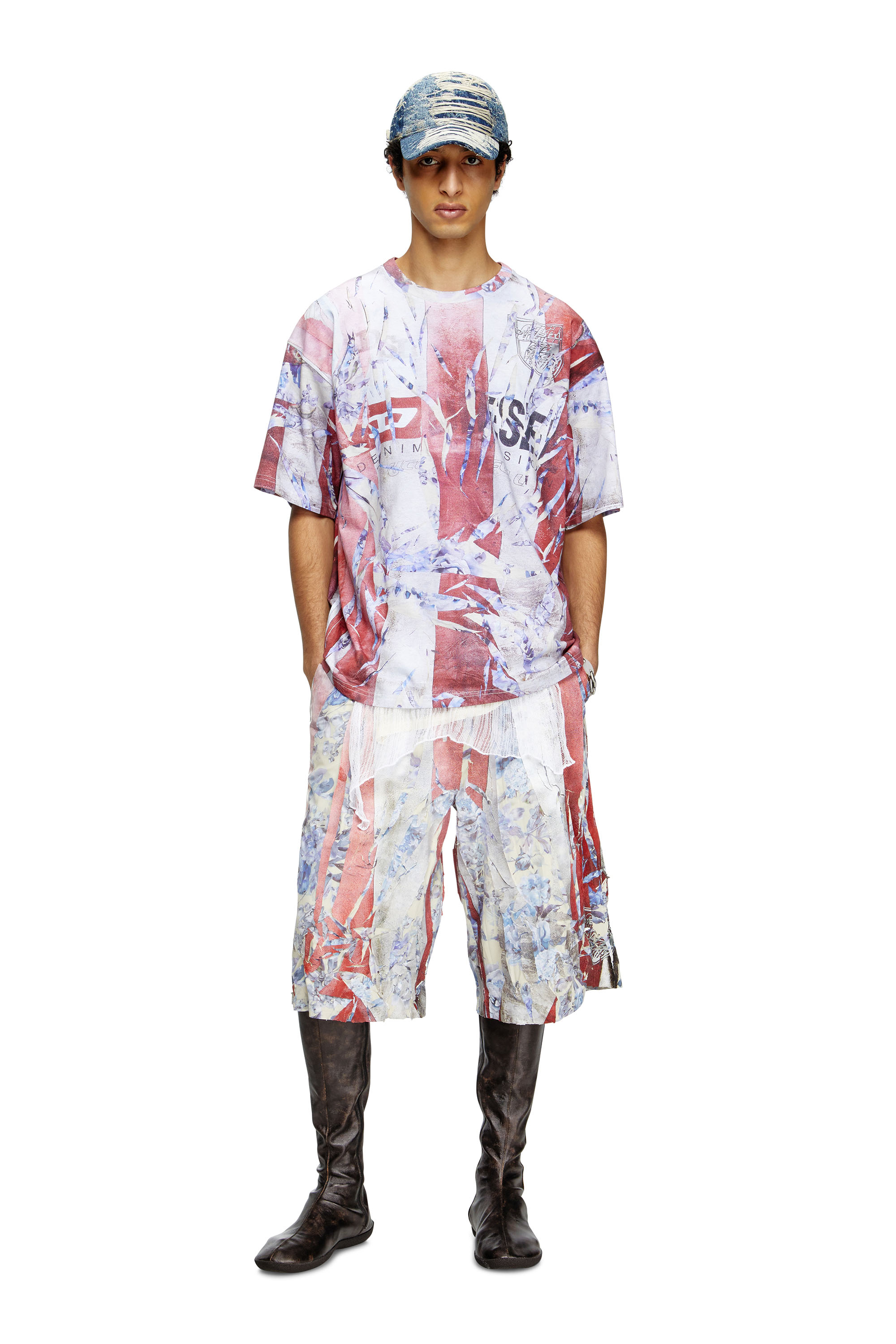 Diesel - T-BOXT-R13, Male's T-shirt with trompe l'oeil cracked print in レッド/ホワイト - 1