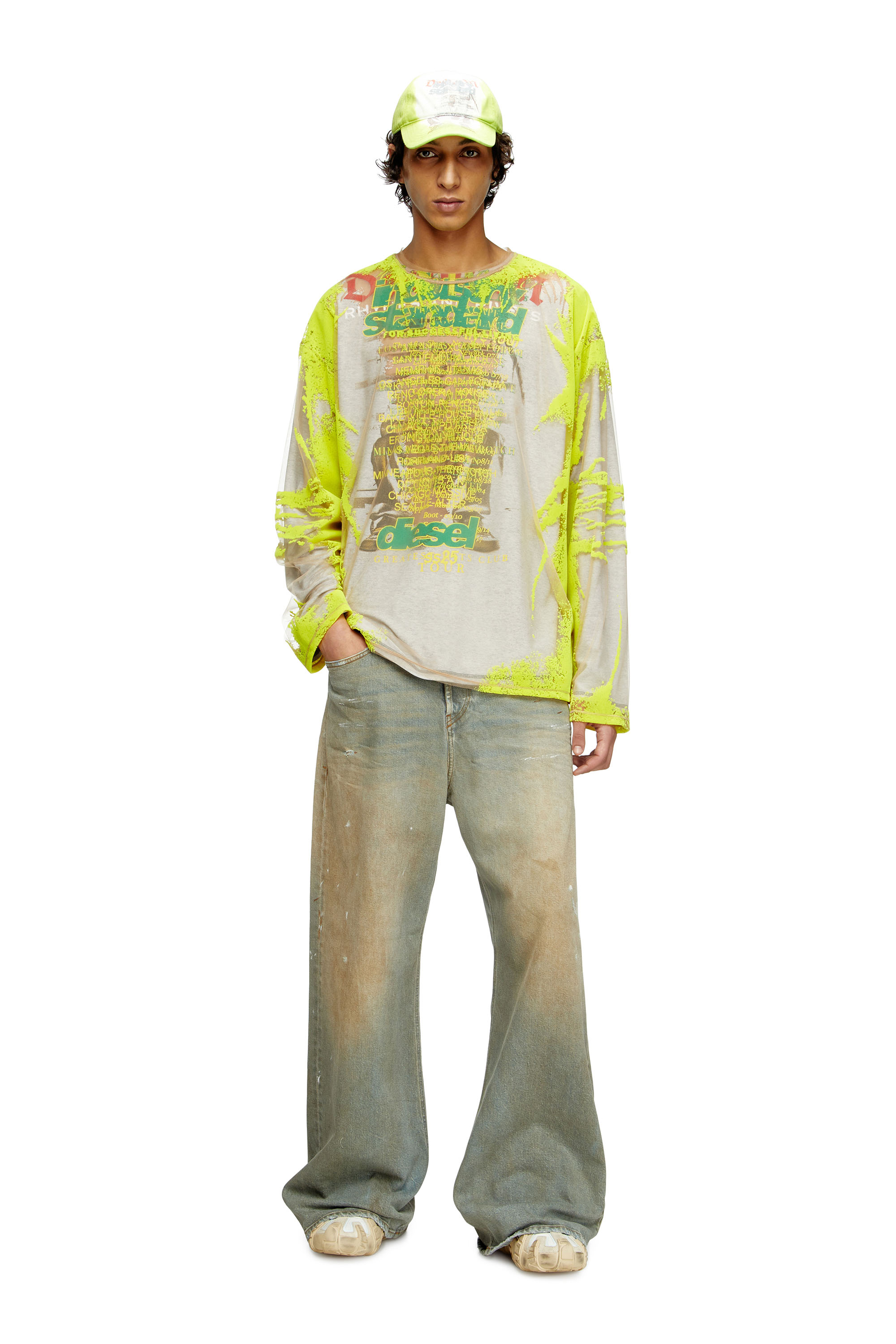 Diesel - T-HASSAN-LS-A, Unisex's Long-sleeve nylon T-shirt with lyrics print in イエロー - 1