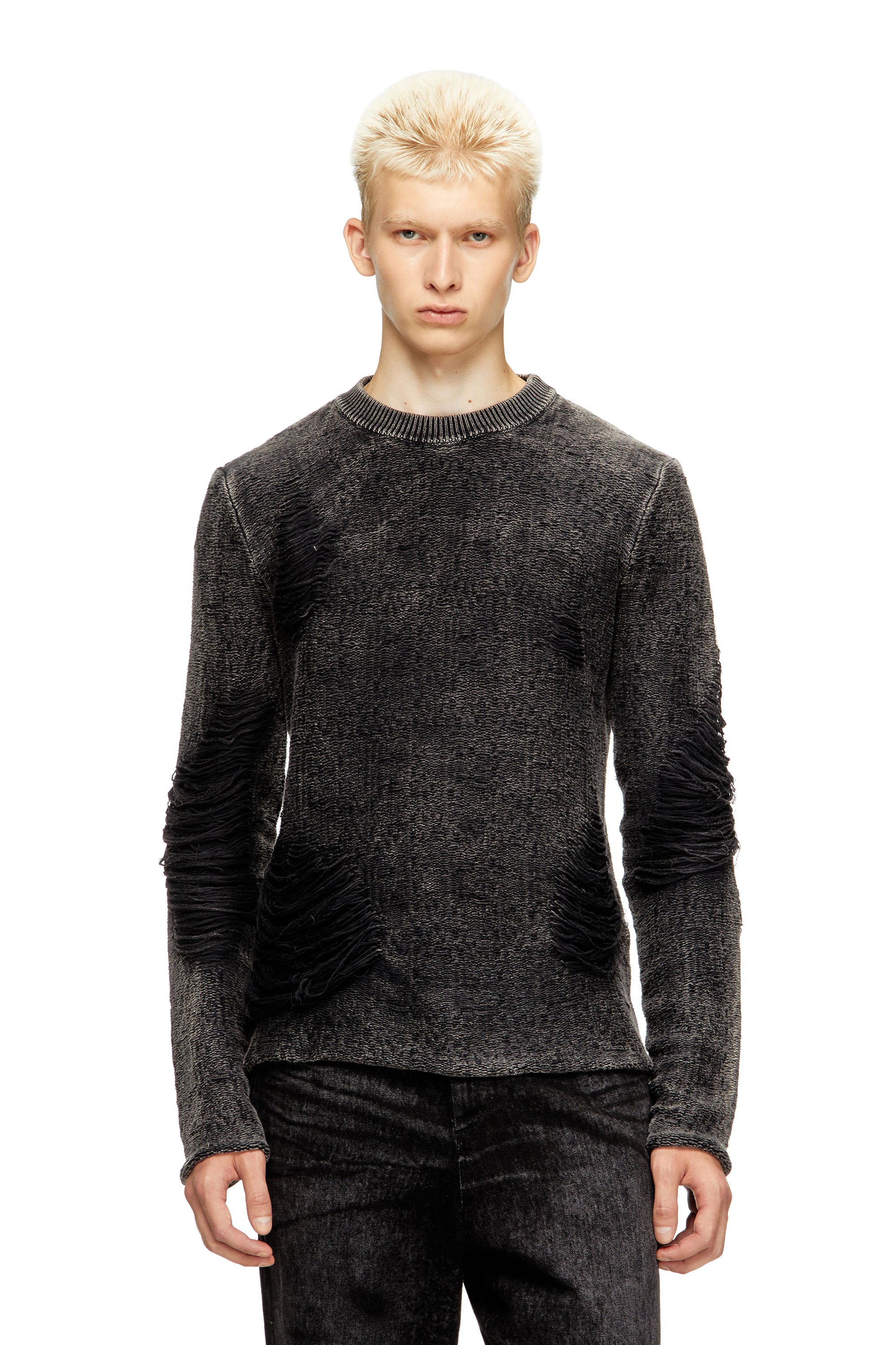 Diesel - K-FJORDI-ROUND, Male's Destroyed jumper with floating yarns in ブラック - 1