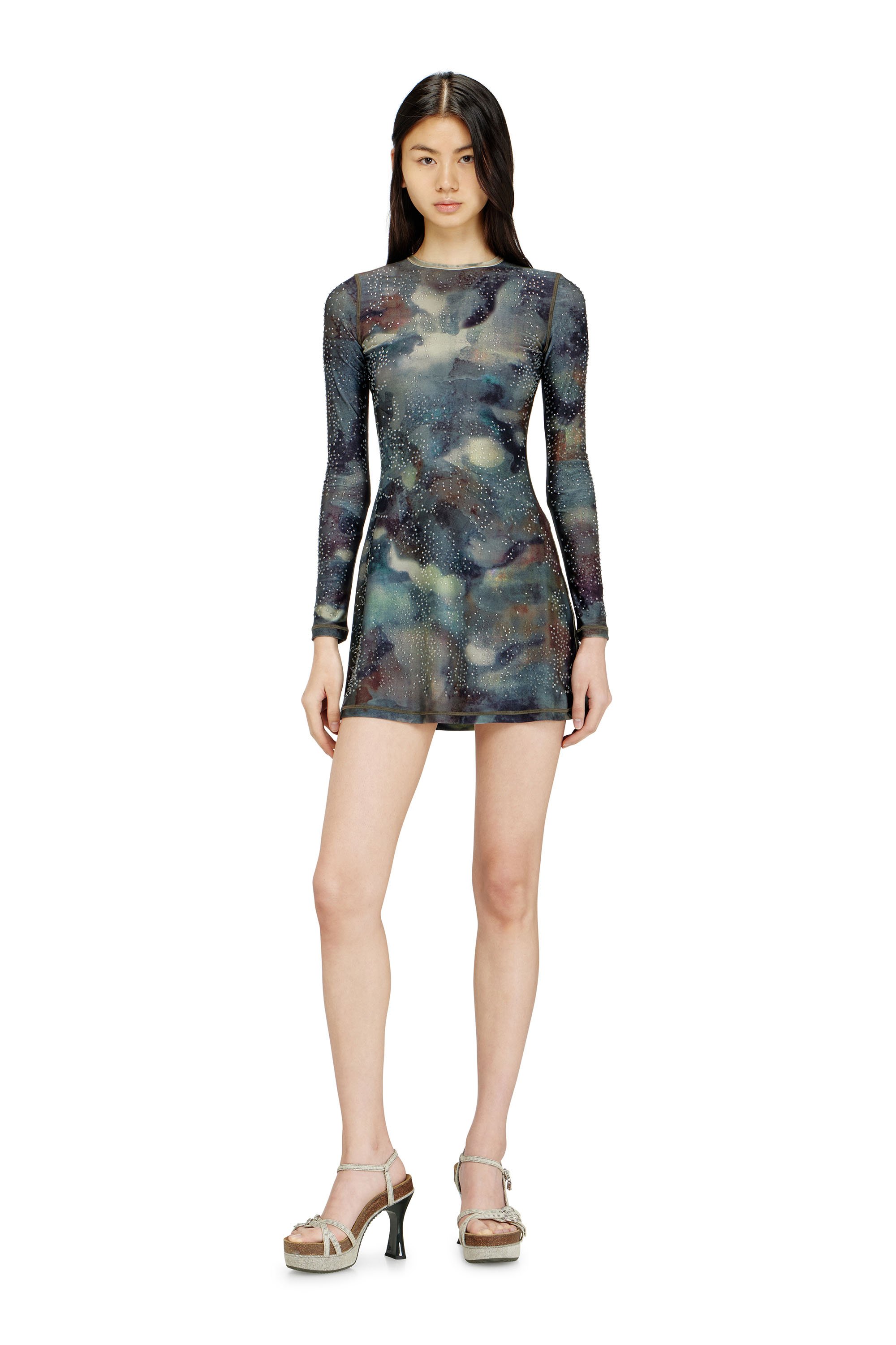 Diesel - D-UPLO, Female's Printed mini dress with crystal details in ブルー/ブラウン - 2
