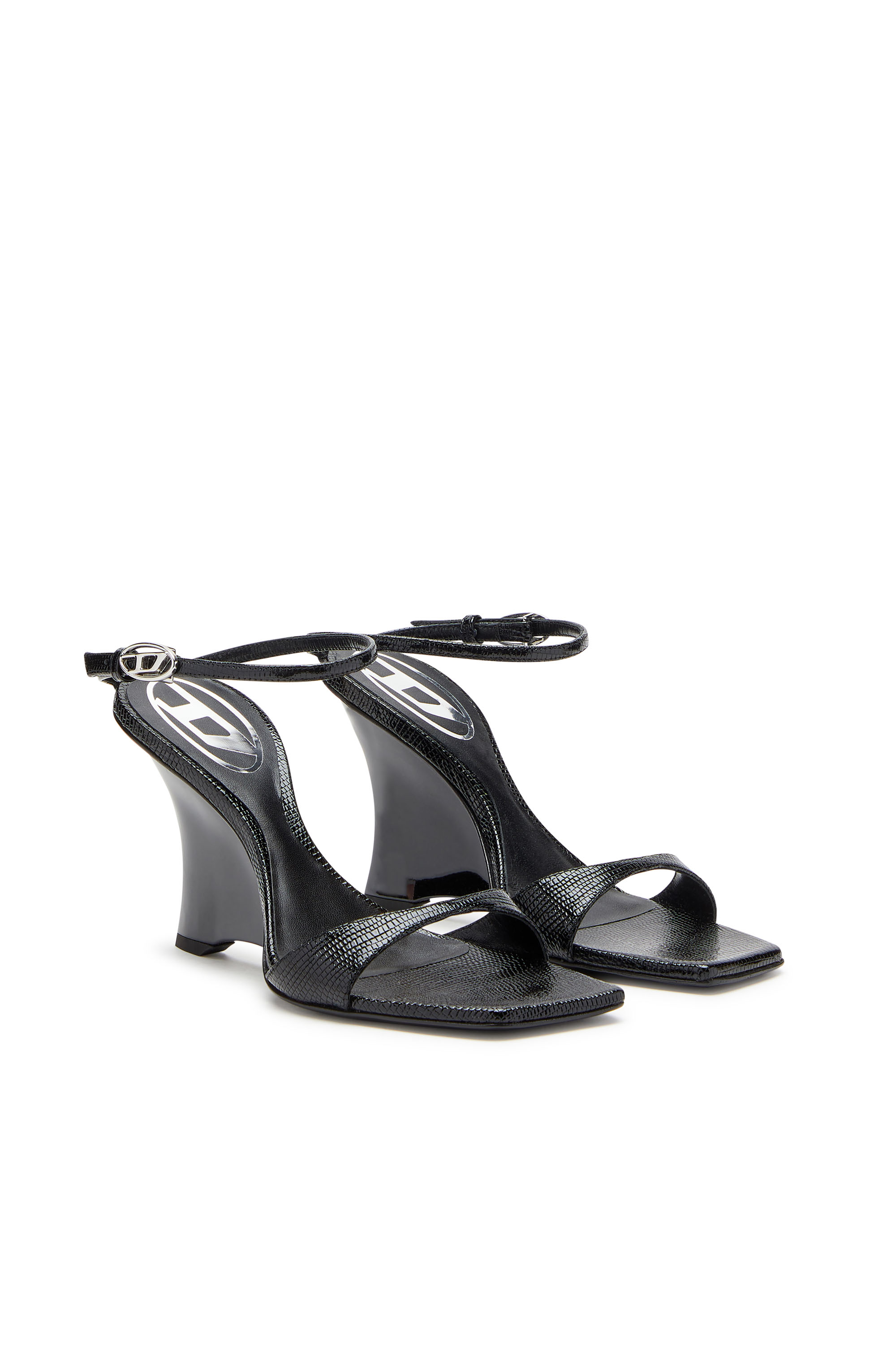 Diesel - D-AMBER SANDAL WEDGE, Female's D-Amber-Wedge sandals in lizard-effect leather in ブラック - 3