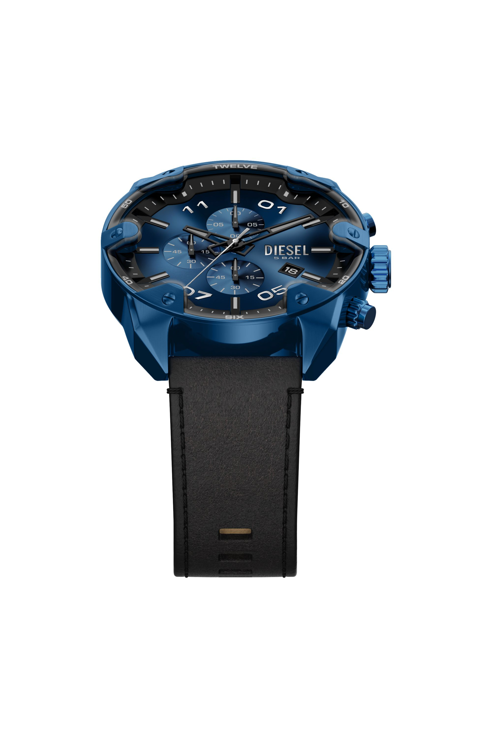 Diesel - DZ4703 WATCH, Male's Spiked Chronograph Black Leather Watch in ブラック/ブルー - 4